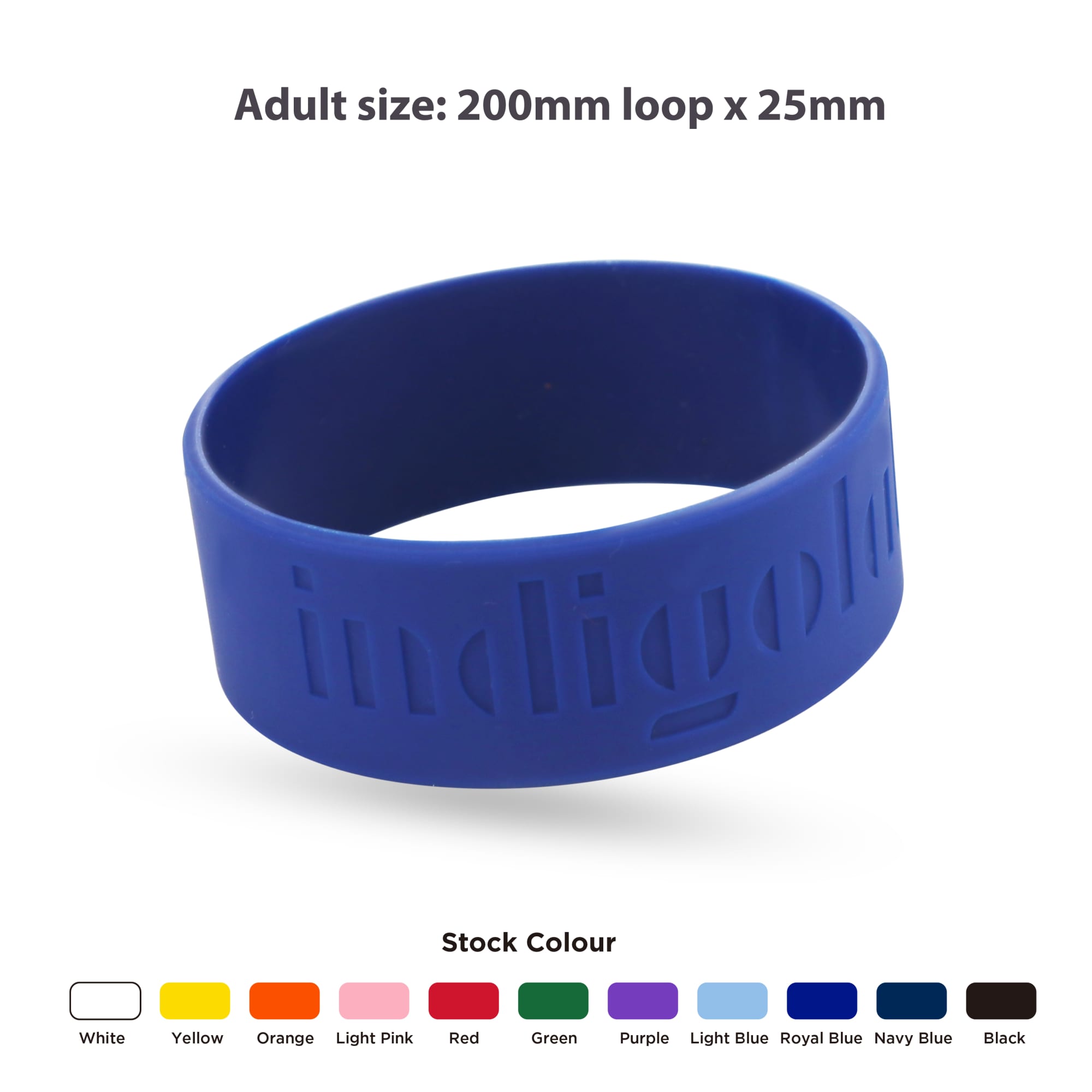 A blue debossed silicone wristband with a logo, showcasing a simple, smooth design. Available in various colours.