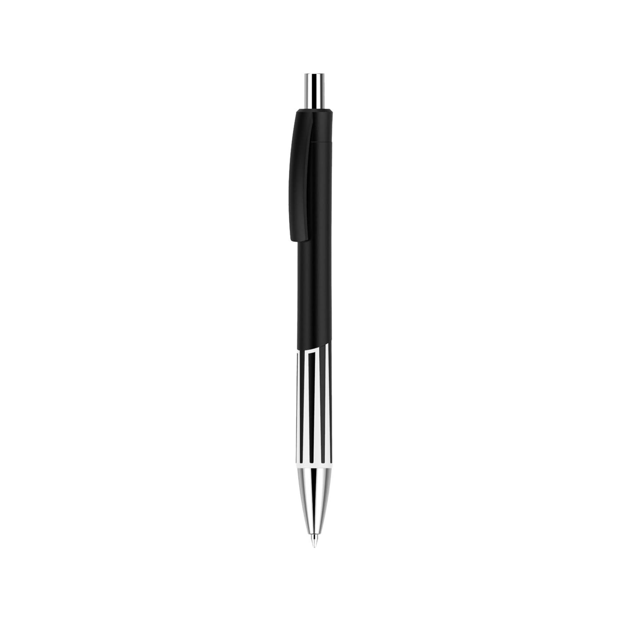 A colourful pen with a black barrel and silver accents, featuring a clip and a brand logo.
