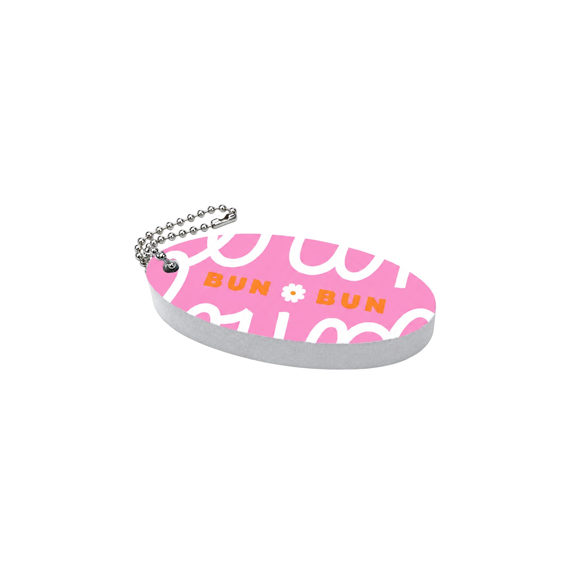 A pink oval floating keychain with a white and orange design, featuring a chain for attaching.