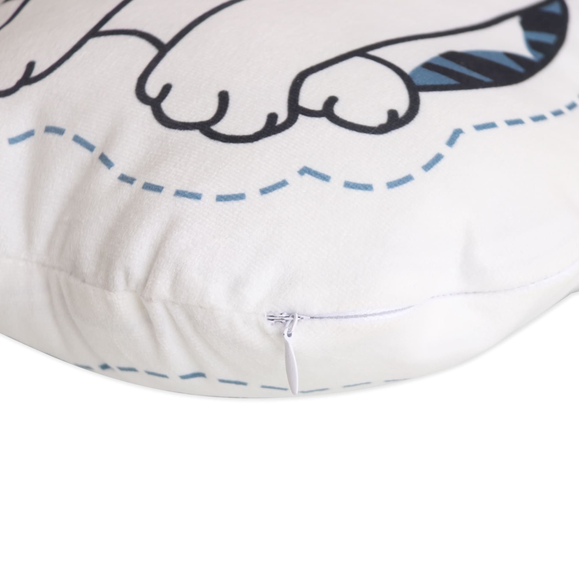 A custom pillow featuring a white fabric with a patterned design and a zip closure.