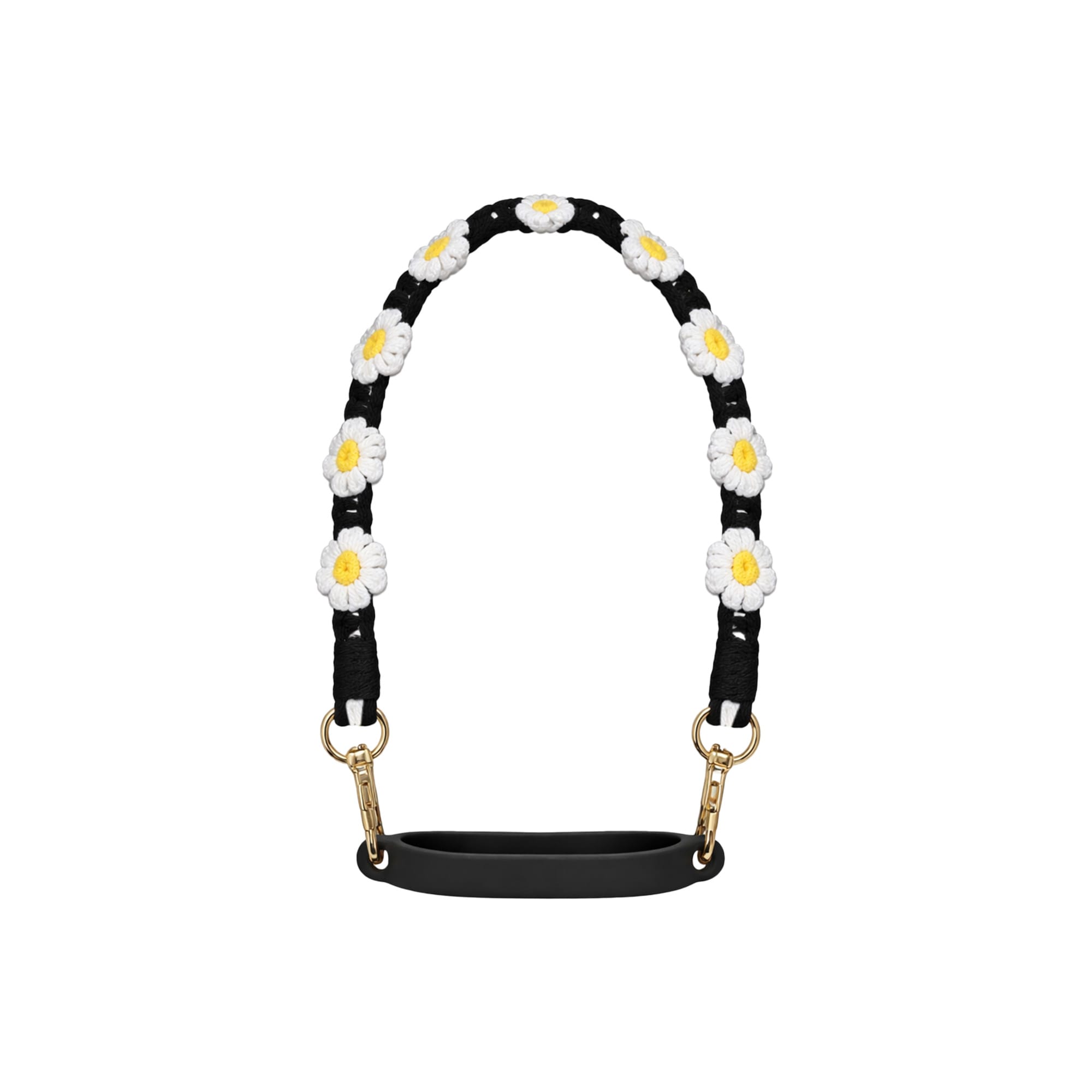 A drink bottle strap featuring a black background with woven white and yellow daisies and gold clips.