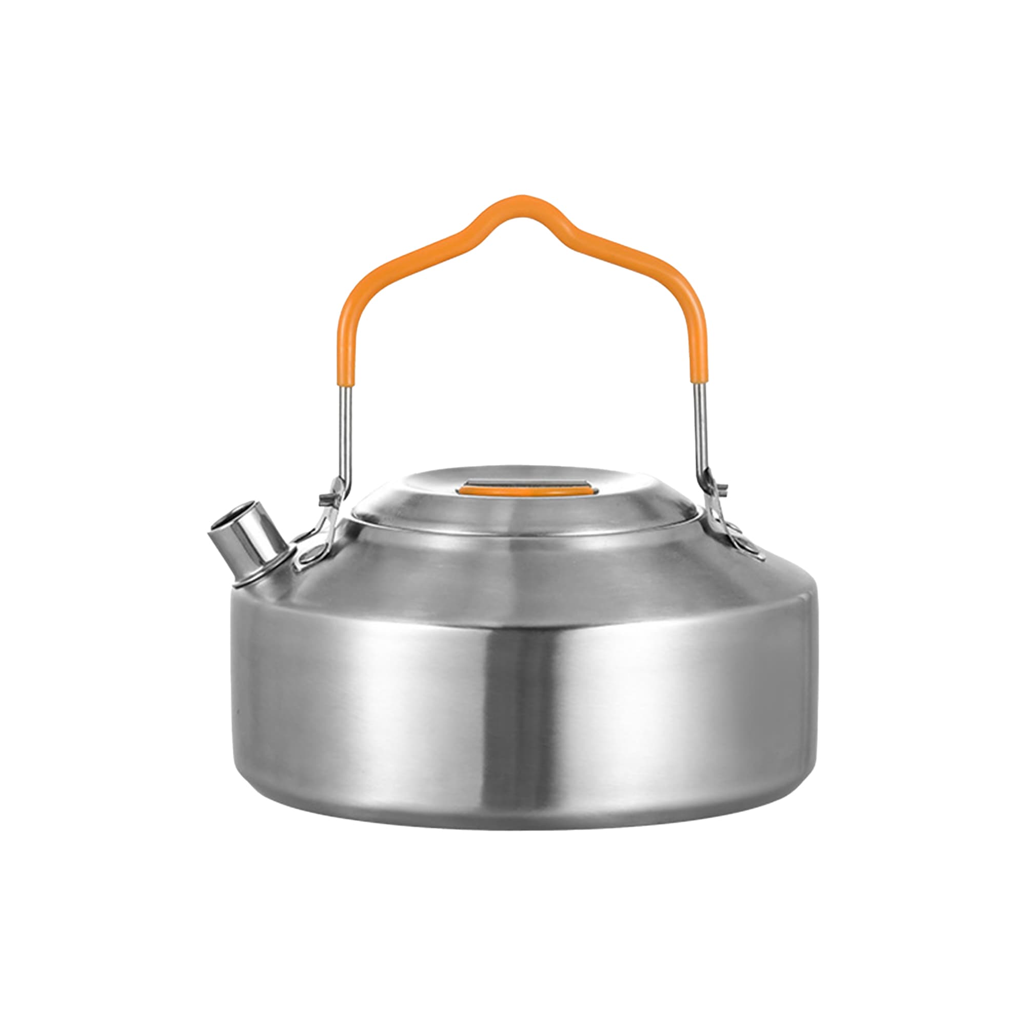 A stainless steel camping kettle with an orange handle and lid, featuring a spout for pouring.