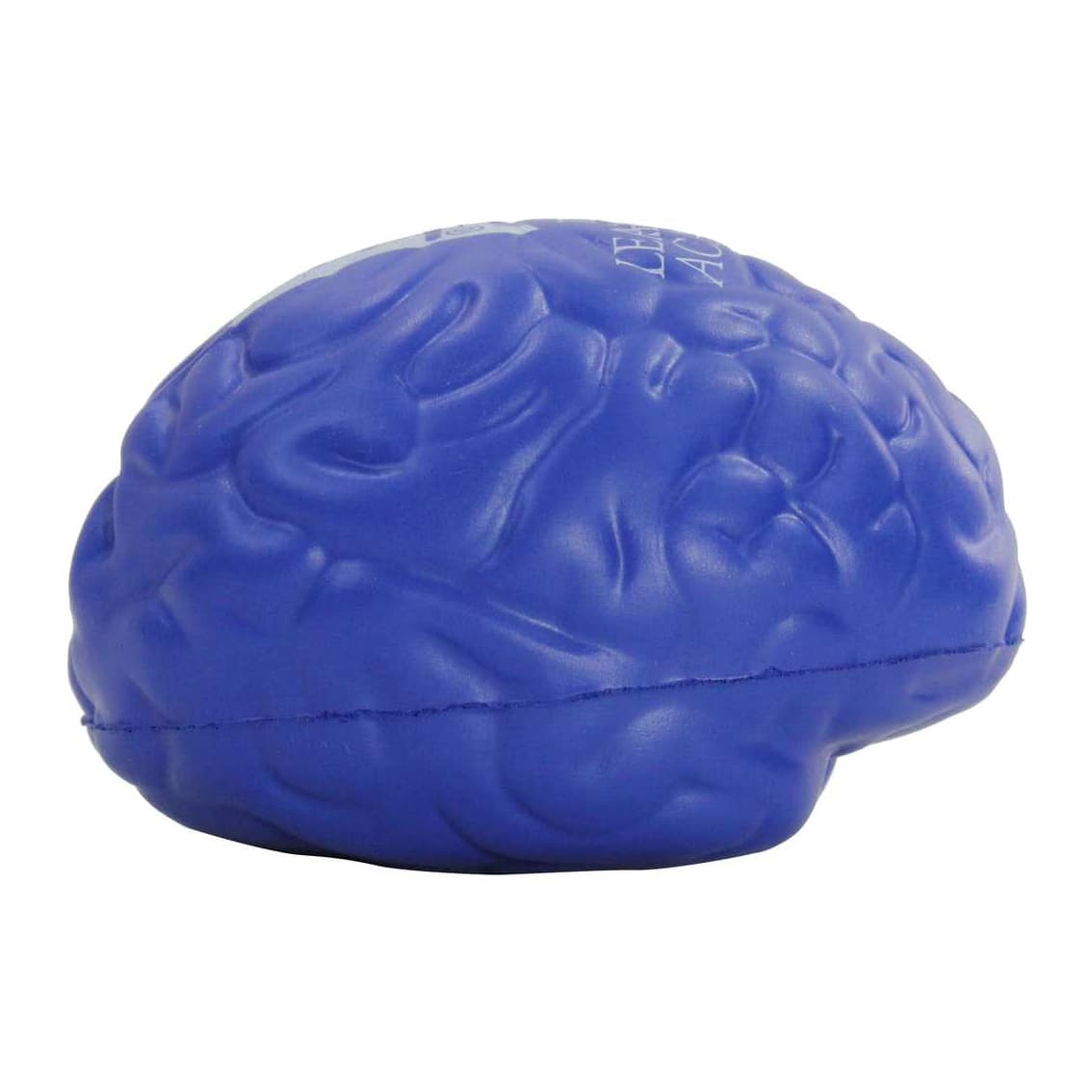 A blue brain-shaped stress reliever with textured detailing and a small logo on one side.