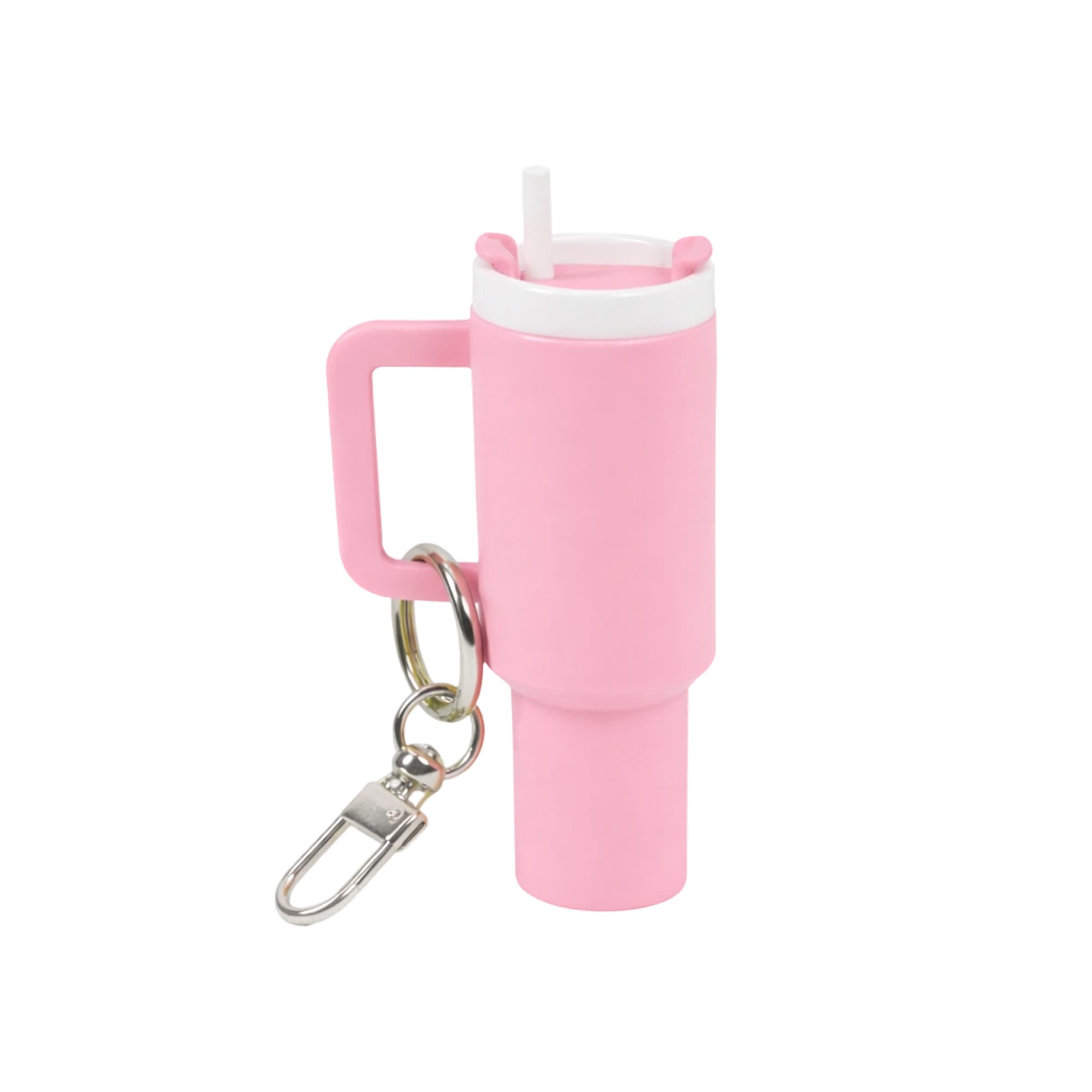 A pink mini tumbler keyring with a straw and a metal clip for attachment. Features a handle for easy gripping.
