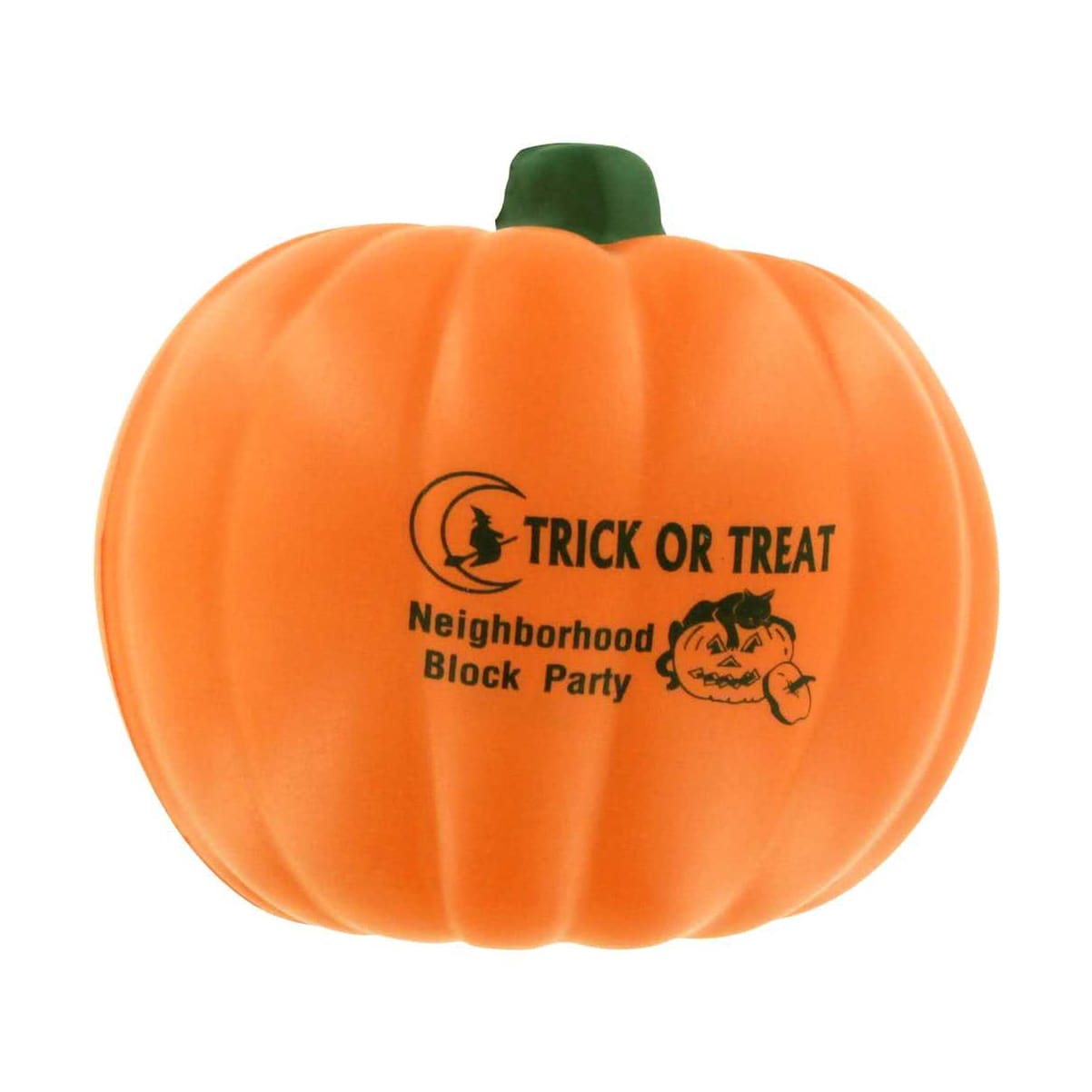 An orange pumpkin-shaped stress reliever with a green stem and black printed text, featuring a smiling face.