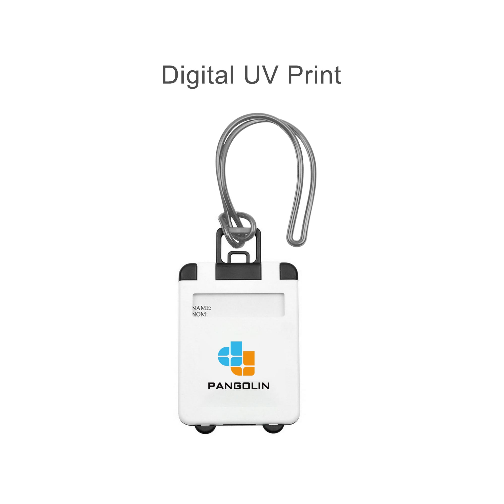 A white ABS luggage tag with a clip, featuring a logo and a space for a name.