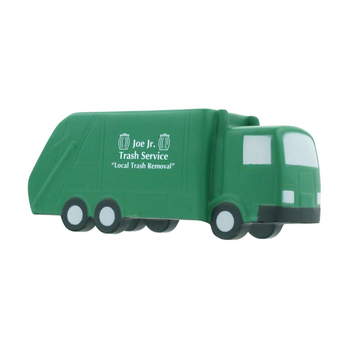 A green garbage truck-shaped stress reliever with a logo on its side.