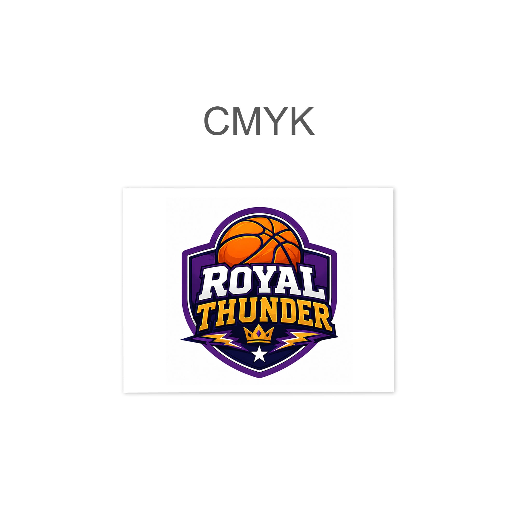 A purple and gold logo featuring a basketball, with the words "Royal Thunder" and a crown design.
