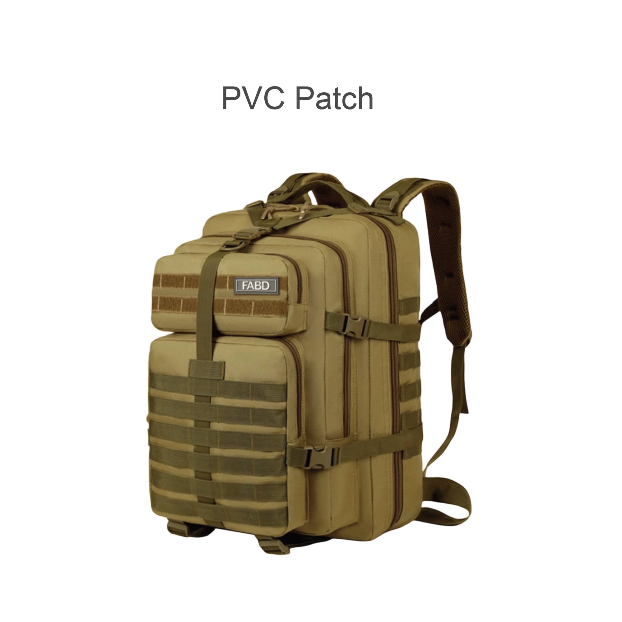 A tactical backpack in a khaki colour featuring multiple compartments and a patch area, equipped with adjustable straps.