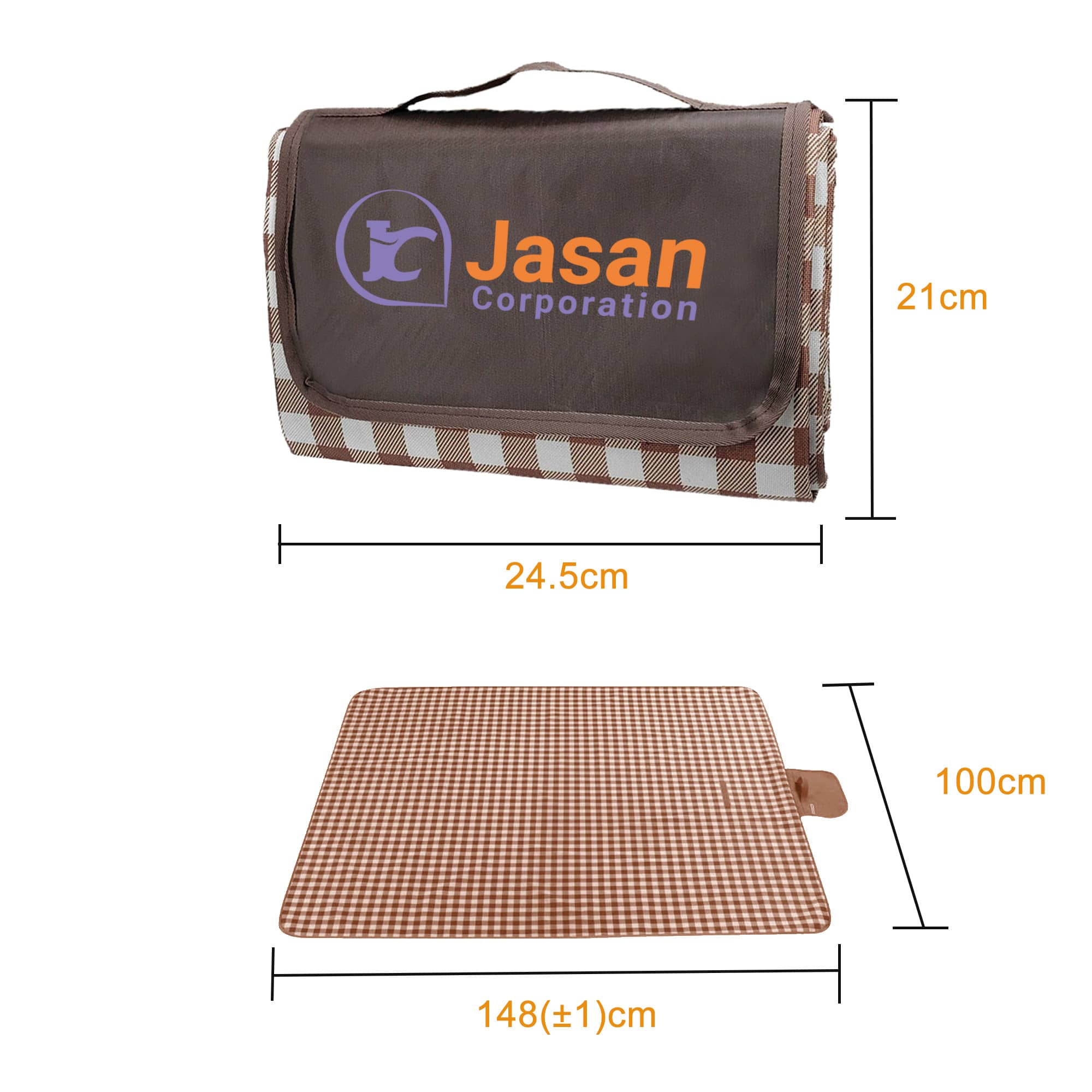 A medium picnic blanket in brown checkered pattern, folded with a handle and a logo. Measures approximately 148 cm x 100 cm when open.