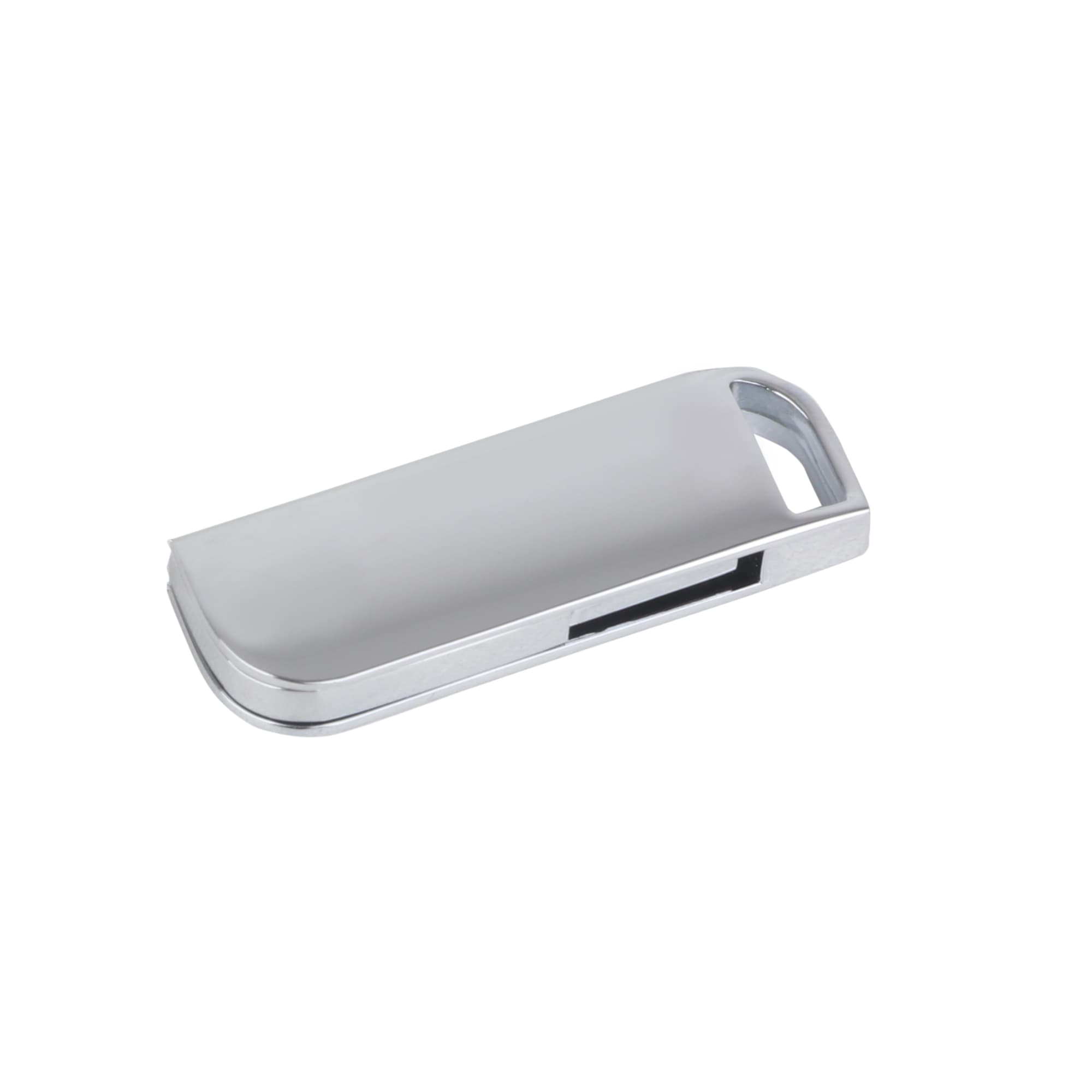 A silver metal swivel flash drive with a sleek design and a branding logo.