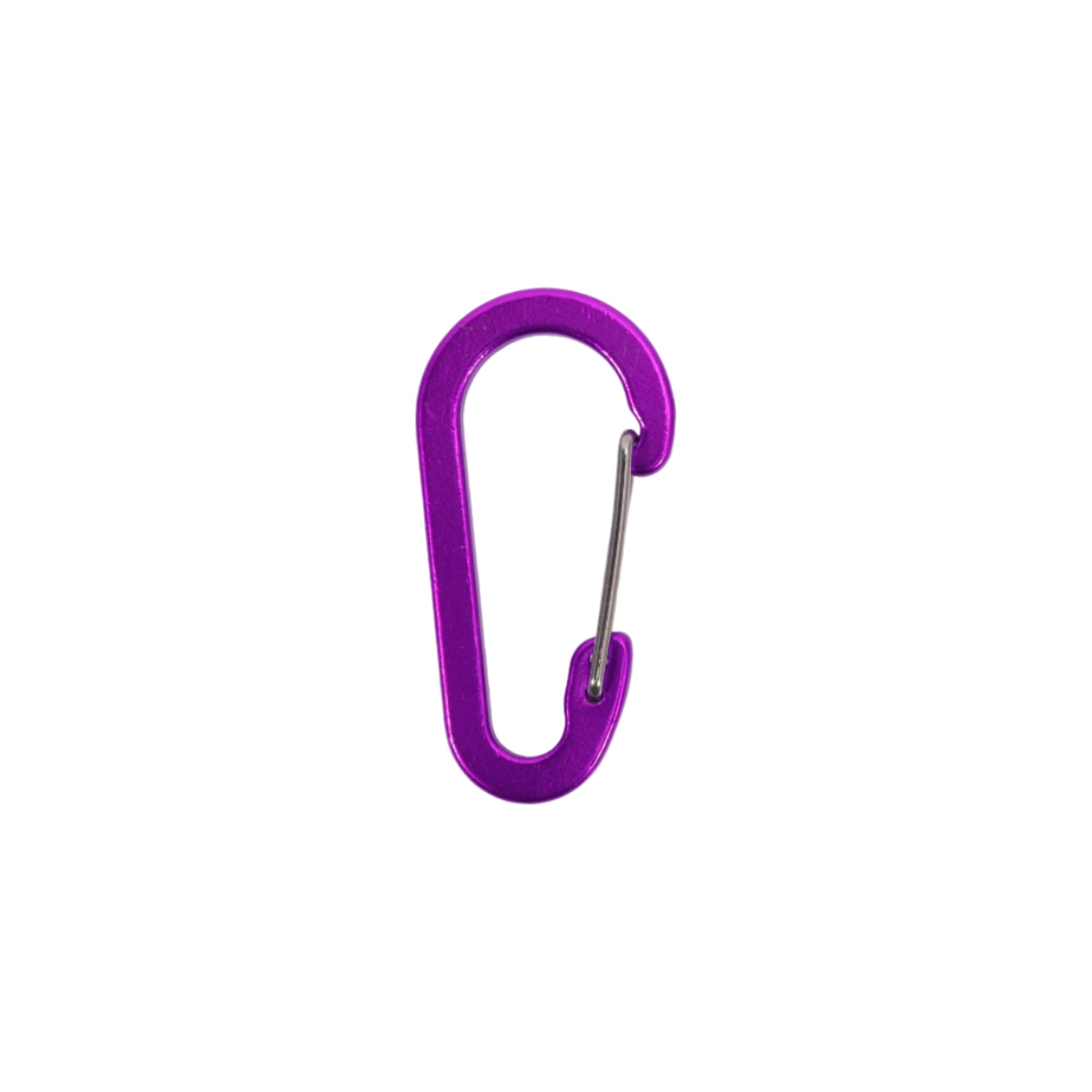 A purple D Type Aluminium Alloy carabiner hook with a silver wire gate. It includes a logo.