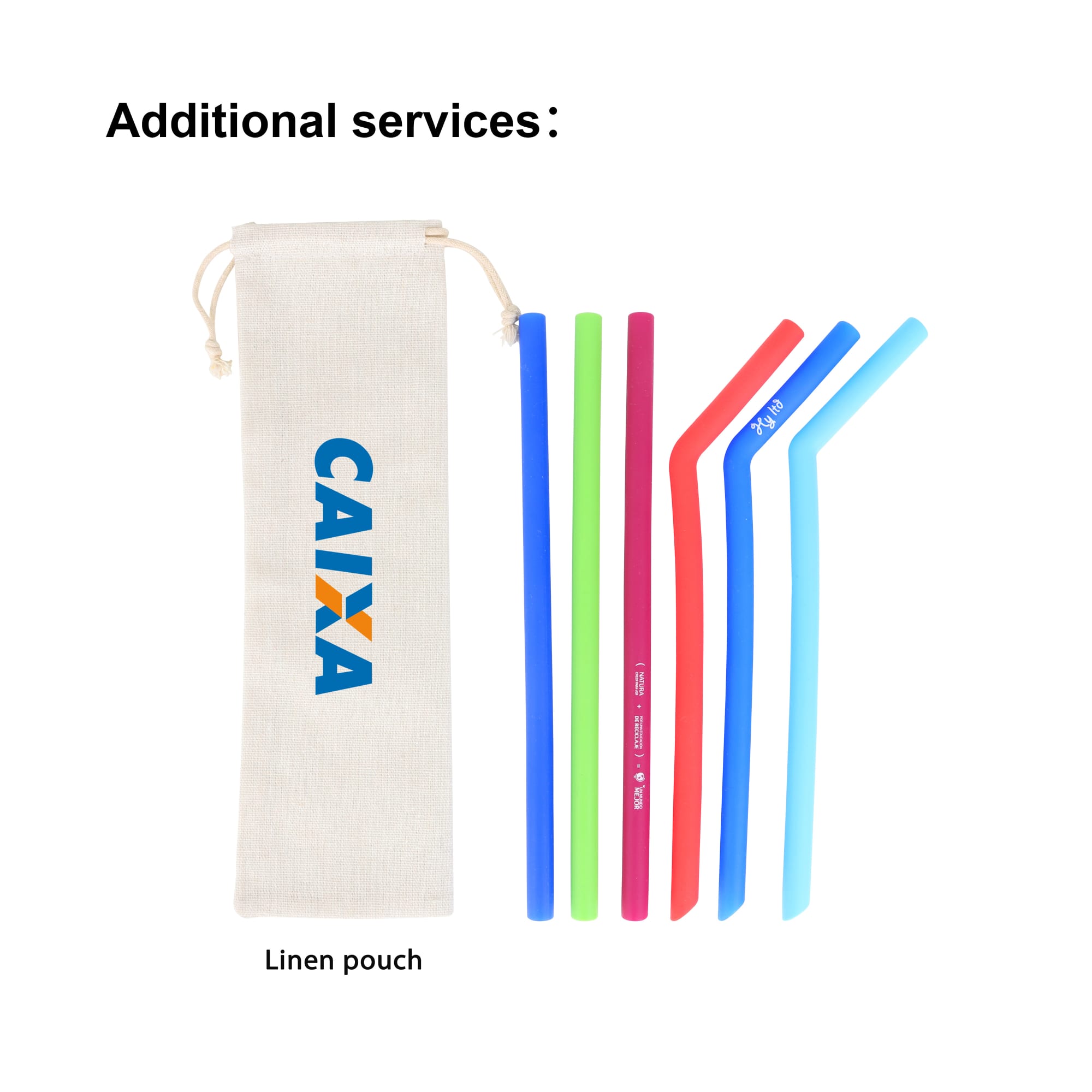 A linen pouch containing four reusable silicone straws in blue, green, pink, and red.