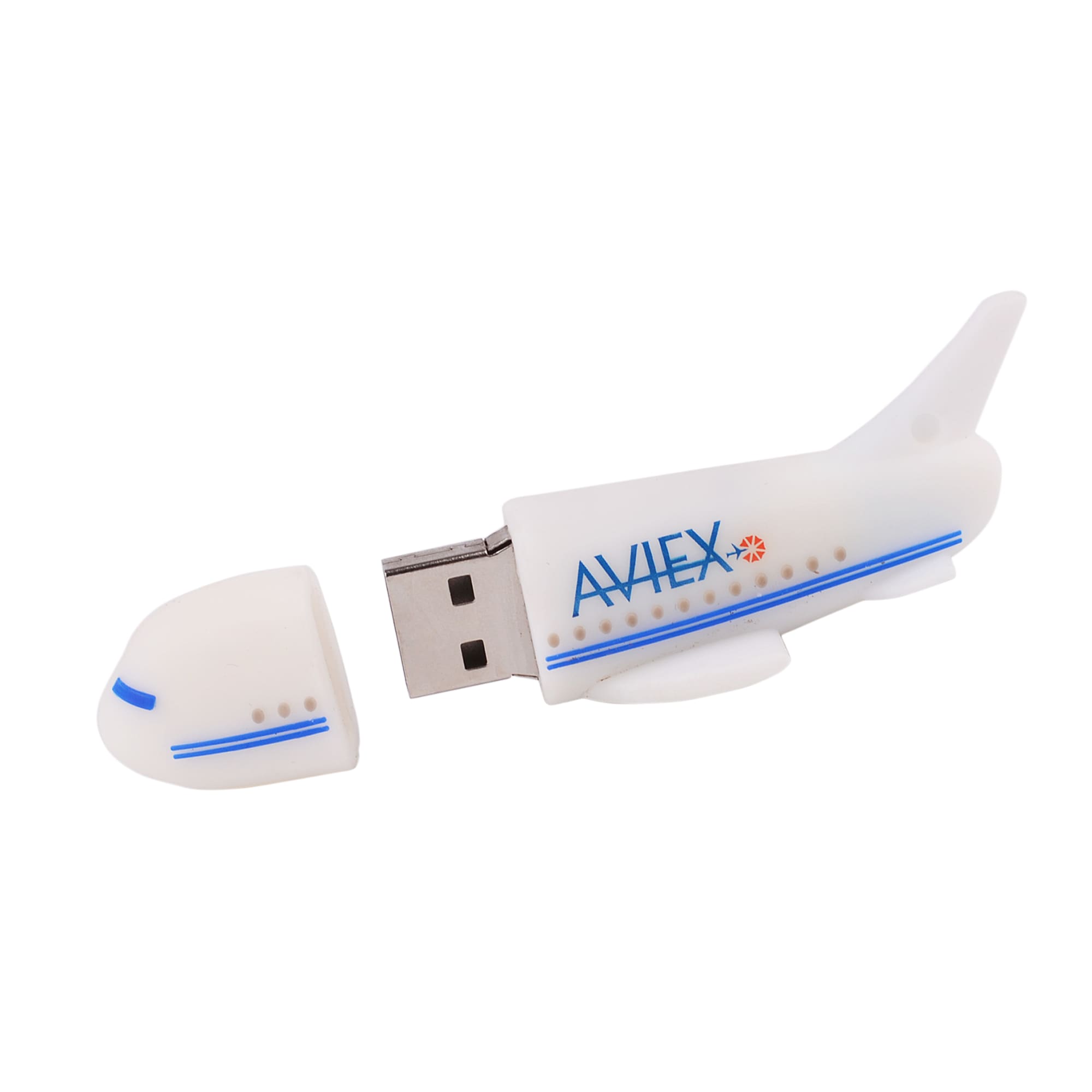 An aeroplane-shaped flash drive in white, featuring blue accents and a logo. The nose section detaches to reveal the USB connector.