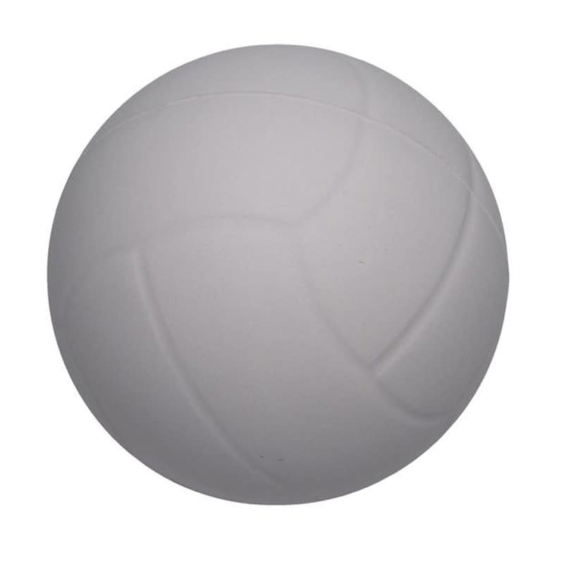 A white volleyball-shaped stress reliever with textured details, featuring a logo on its surface.