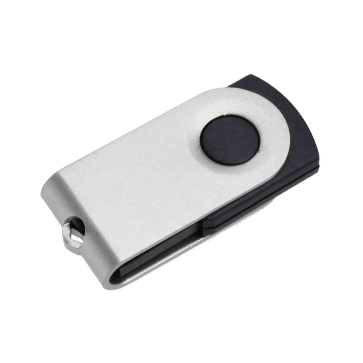 A metallic silver mini flash drive with a black button, featuring a swivel design and a keyring hole.