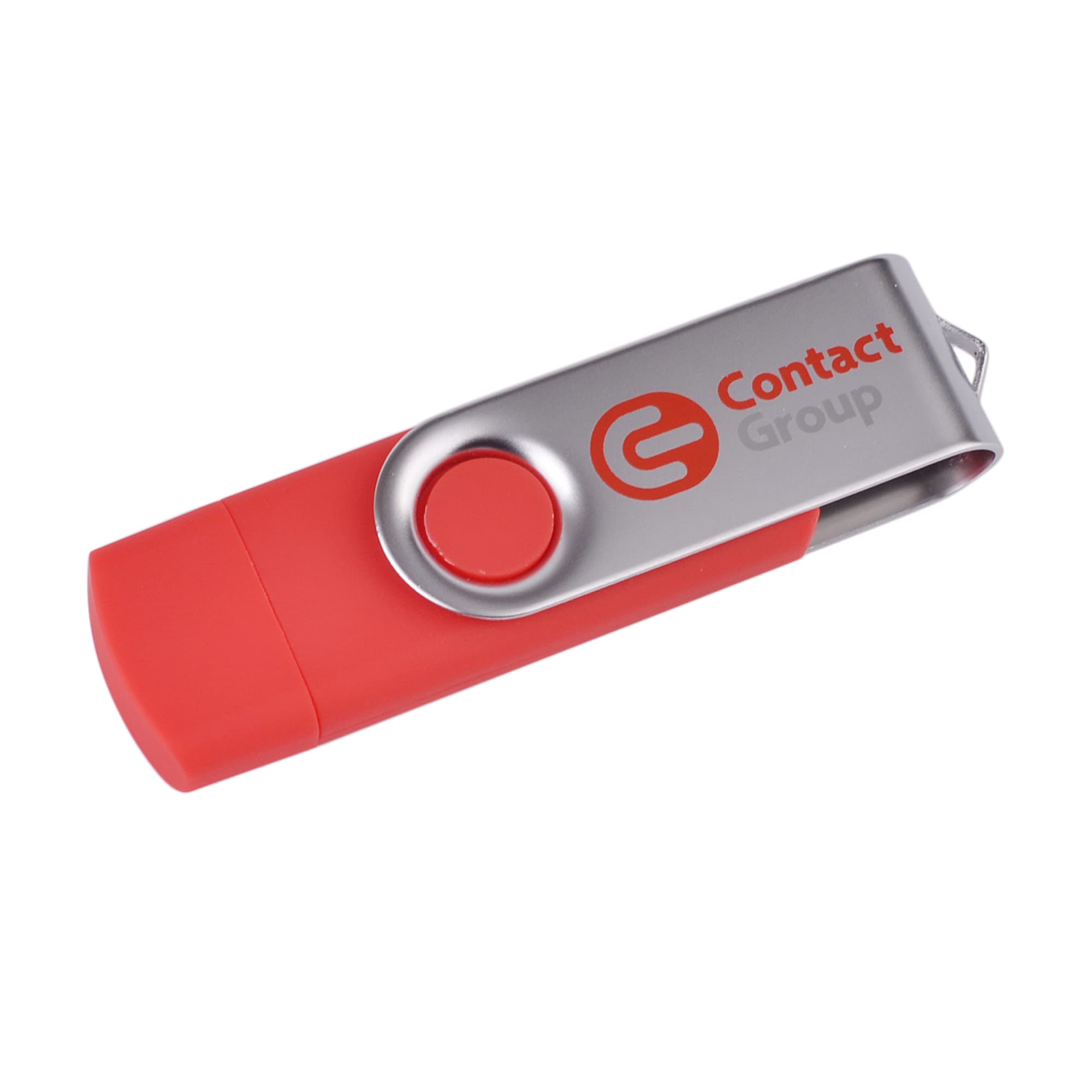 A red and silver double-end Belton micro USB flash drive with a logo on the side.