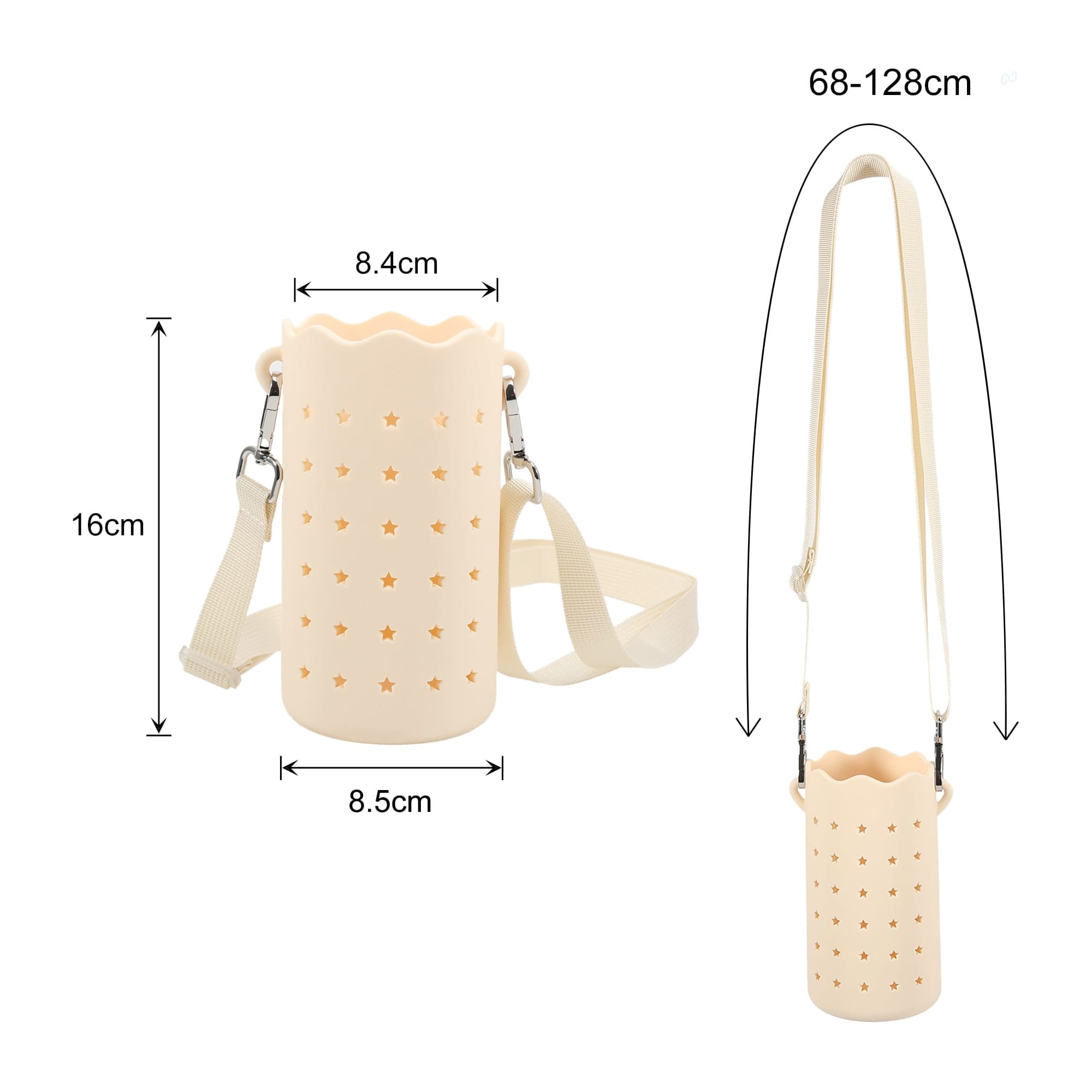 A drink bottle bag in a light beige colour with a star pattern and adjustable strap, featuring a logo.