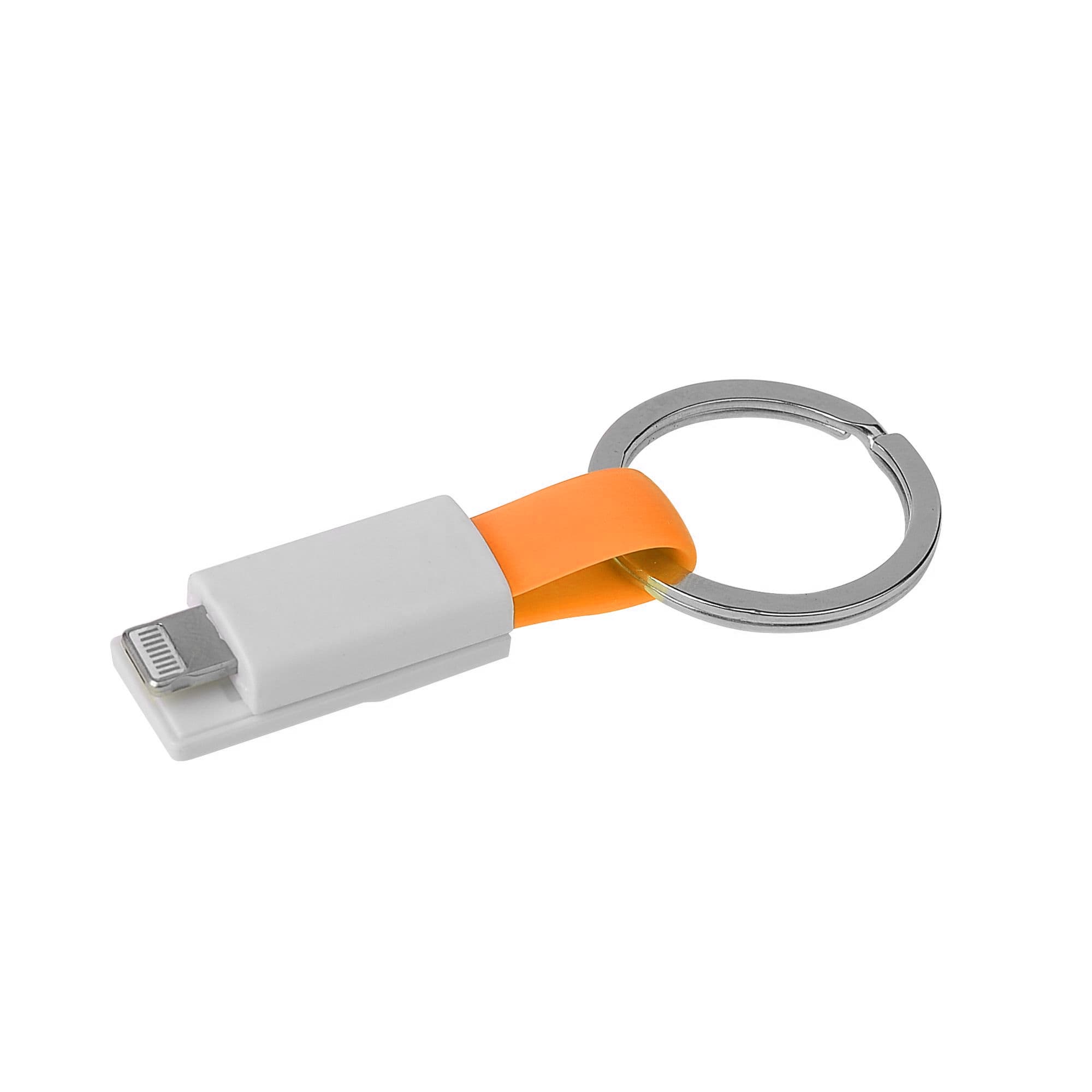 A magnetic charging cable in white and orange, attached to a silver keyring. There is a logo on the item.