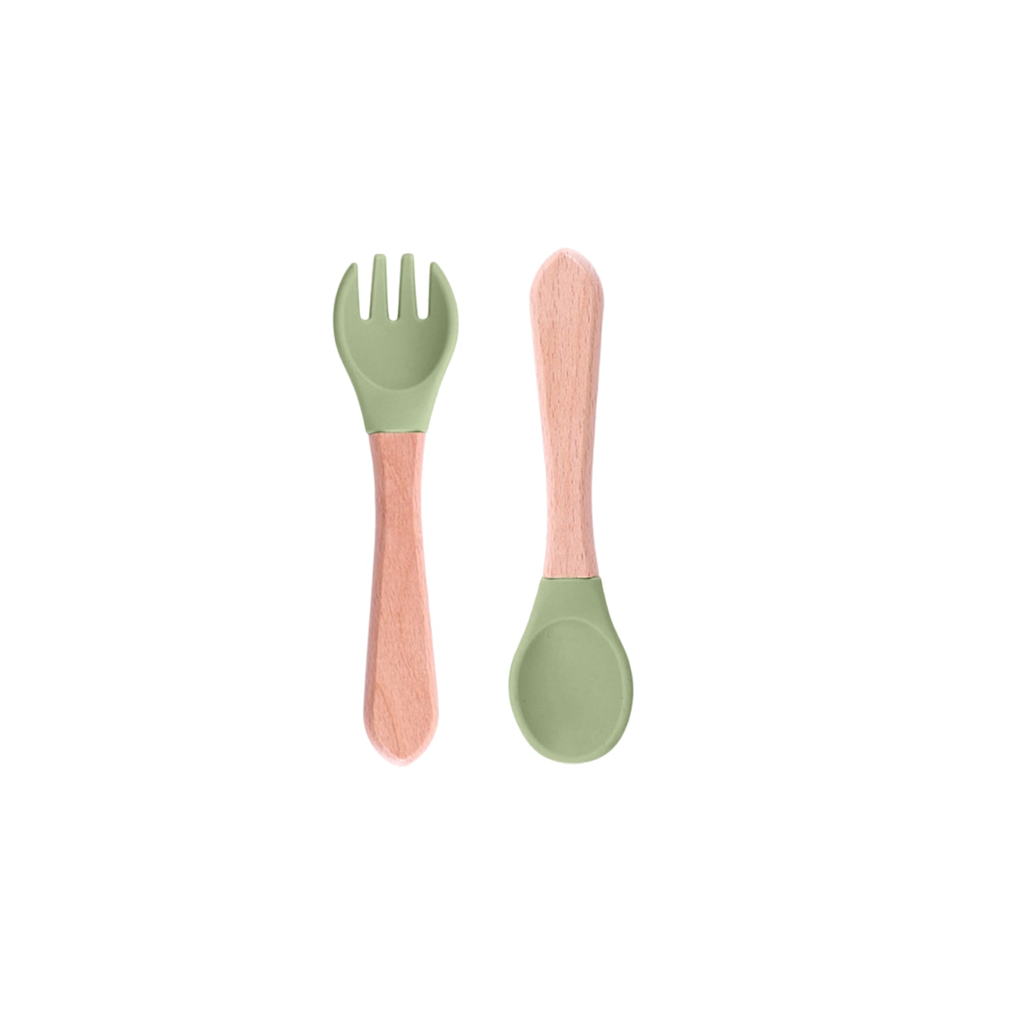 Ergonomic silicone kids cutlery set featuring a green fork and spoon with wooden handles. Includes a logo.