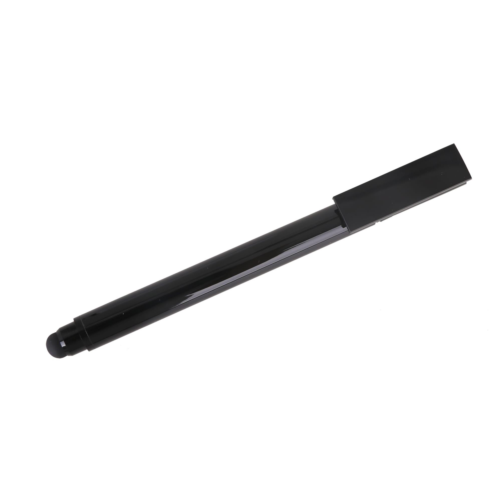 A black 3 in 1 stylus USB pen with a sleek design and a retractable tip. It has a branding logo on the barrel.