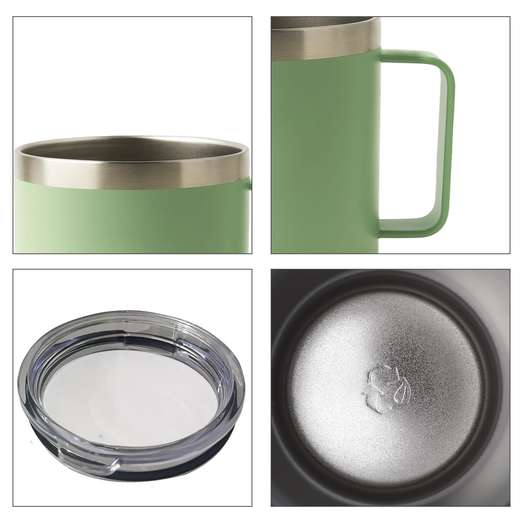 A drink bottle in green with a stainless steel rim and handle, featuring a clear lid and a smooth base.