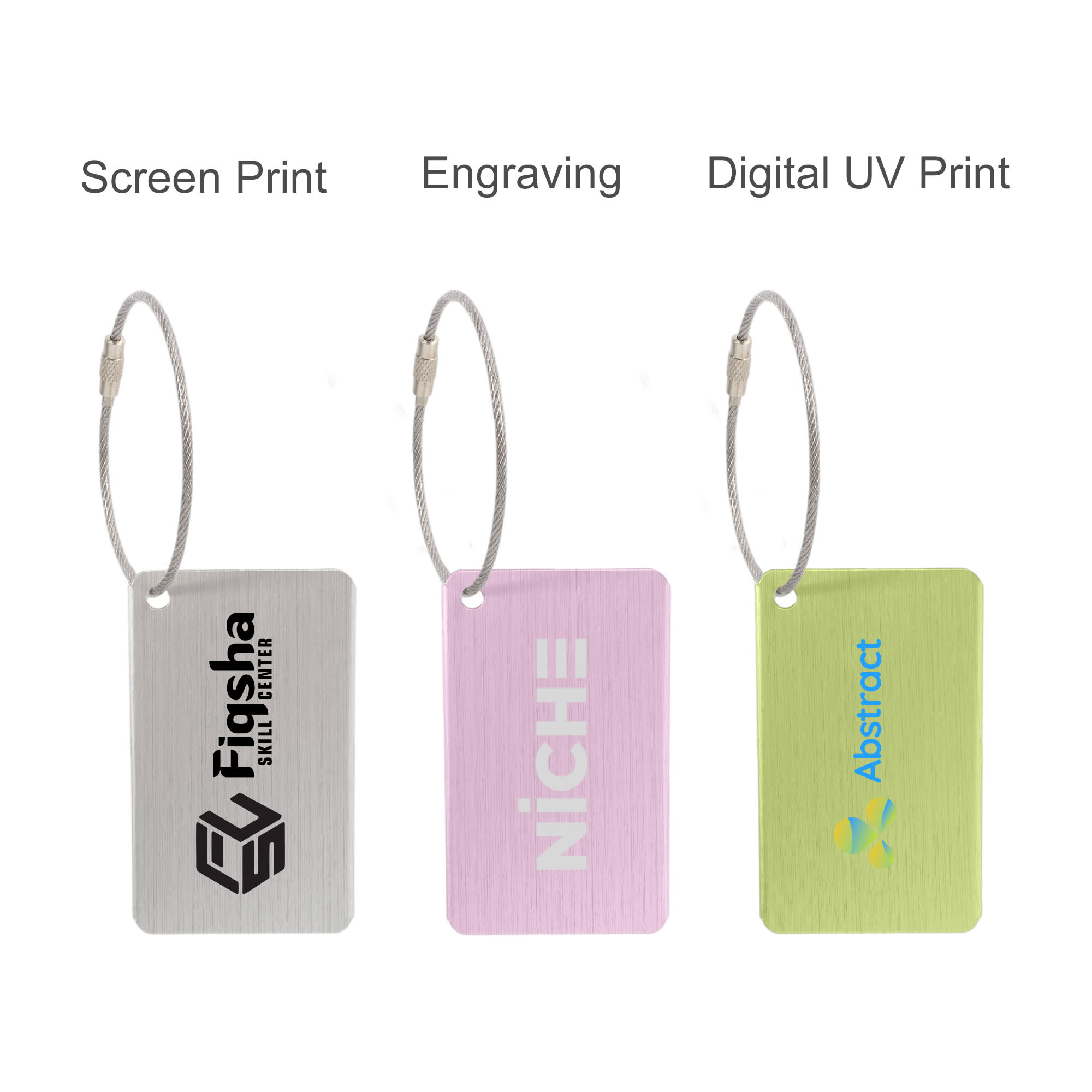Brushed aluminium luggage tags in silver, pink, and green with various print styles and metal loops.