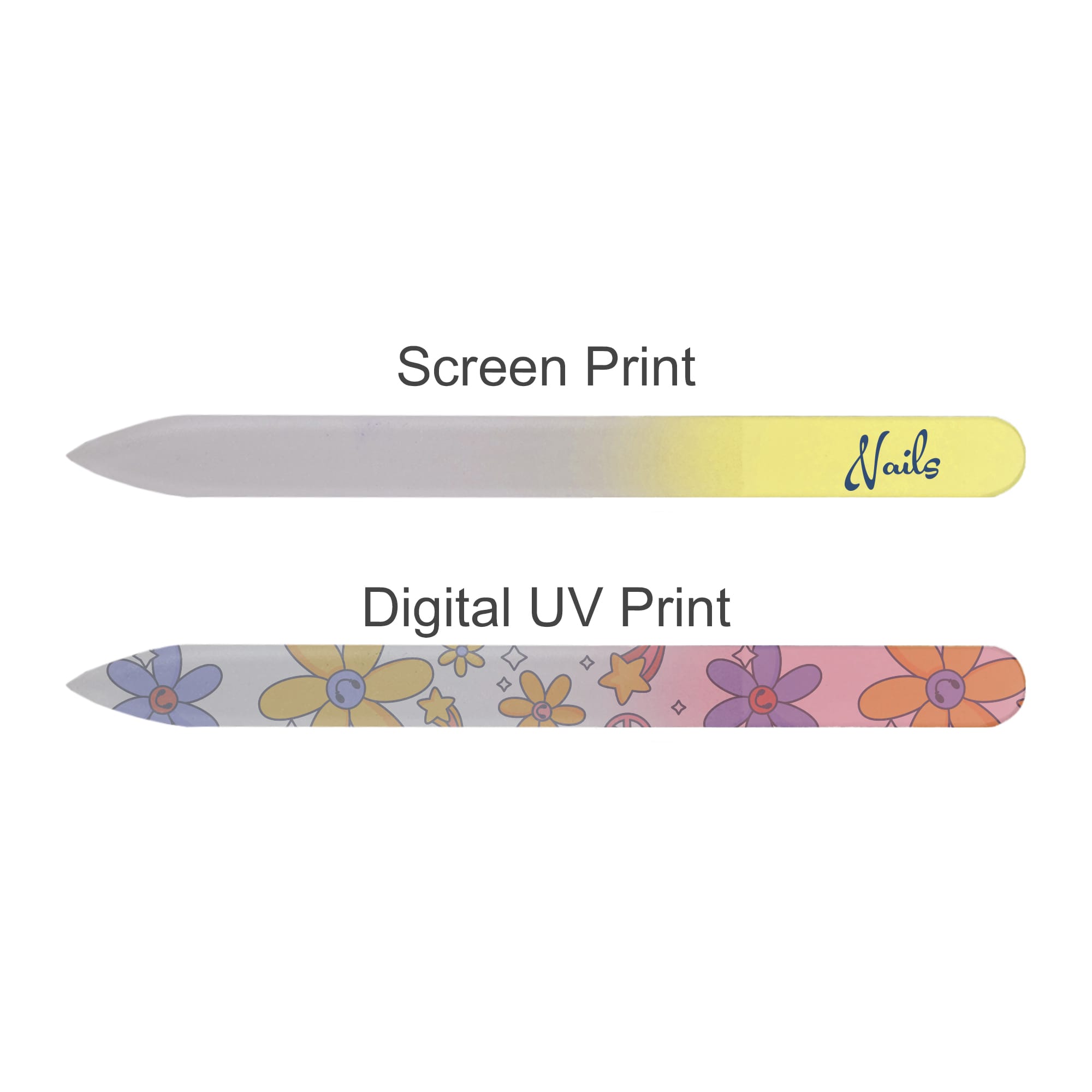 A gradient glass nail file featuring a yellow to pink gradient, adorned with a floral design on one side and a logo.