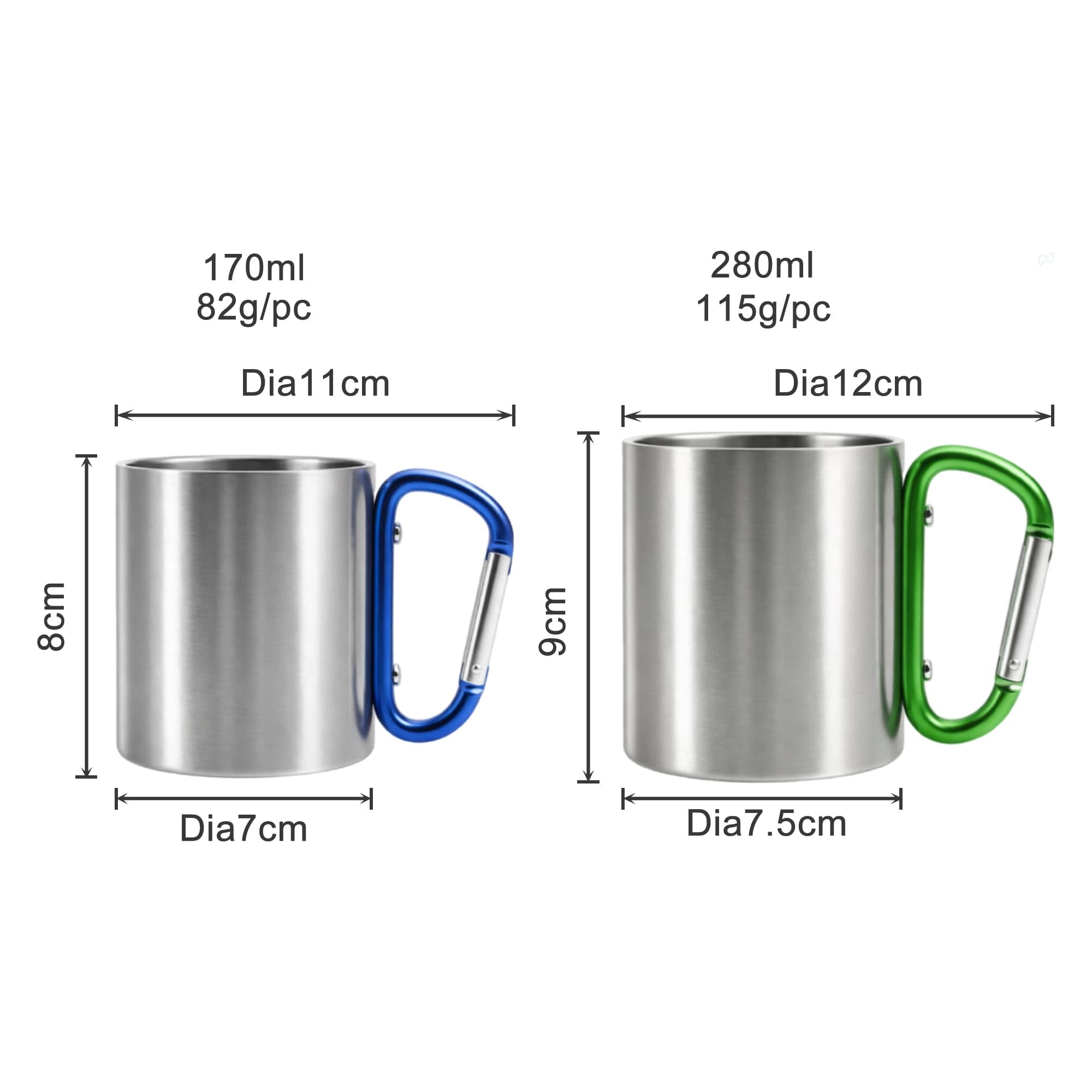 A stainless steel insulated travel mug in silver, featuring a blue carabiner handle, alongside a green-handled version.