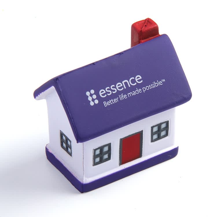 A purple and white house-shaped stress reliever with a red door and a chimney, featuring a logo.