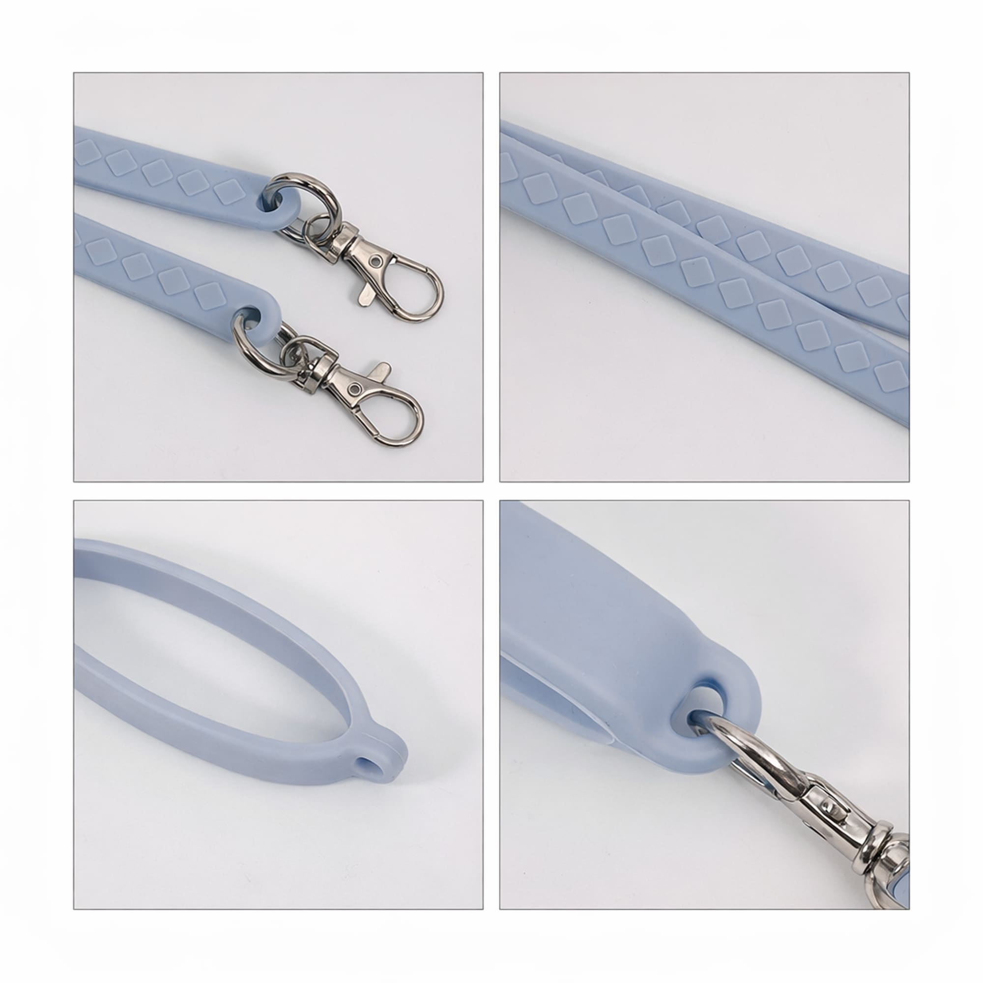 A drink bottle strap featuring a light blue silicone design with metal clips and textured grip.