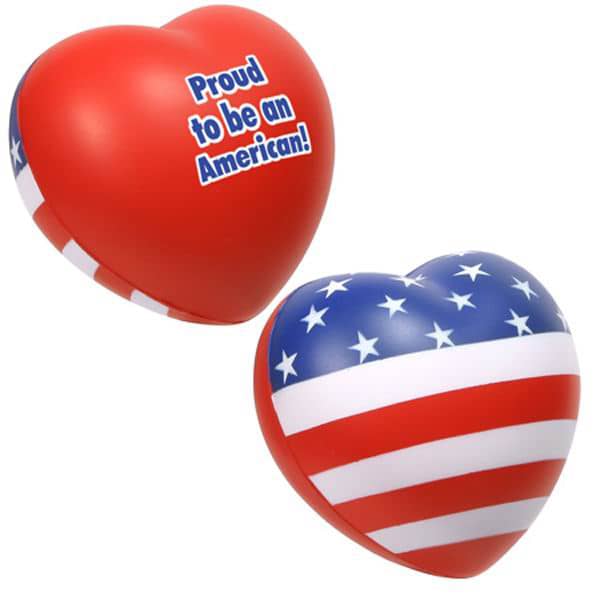 A large heart-shaped stress reliever in red with a blue and white star-patterned design, featuring a logo.