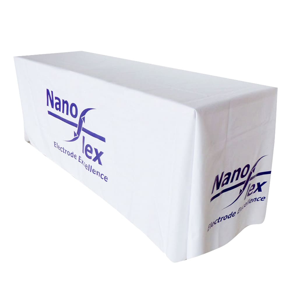 A white fitted tablecloth for a 4ft table featuring a logo on the front.