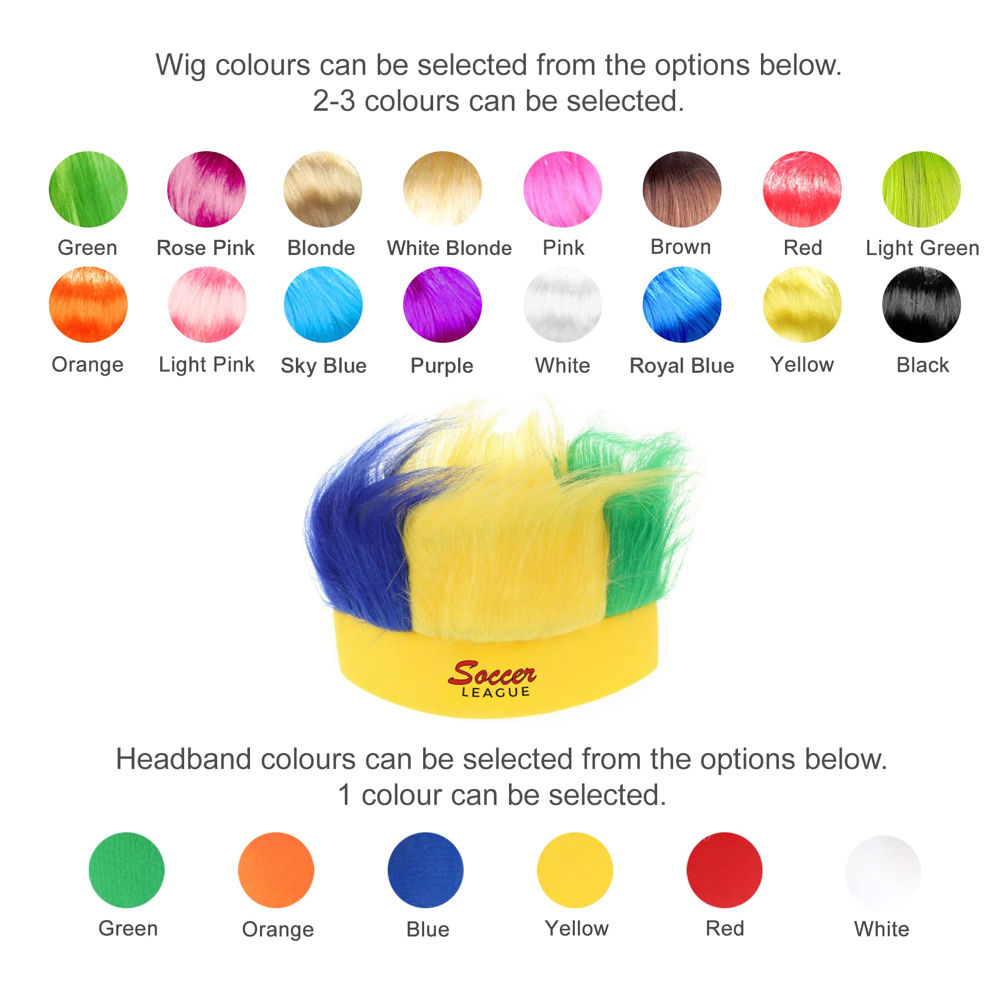 A headband with vibrant synthetic hair in blue, yellow, and green. The headband has a logo and various colour options.