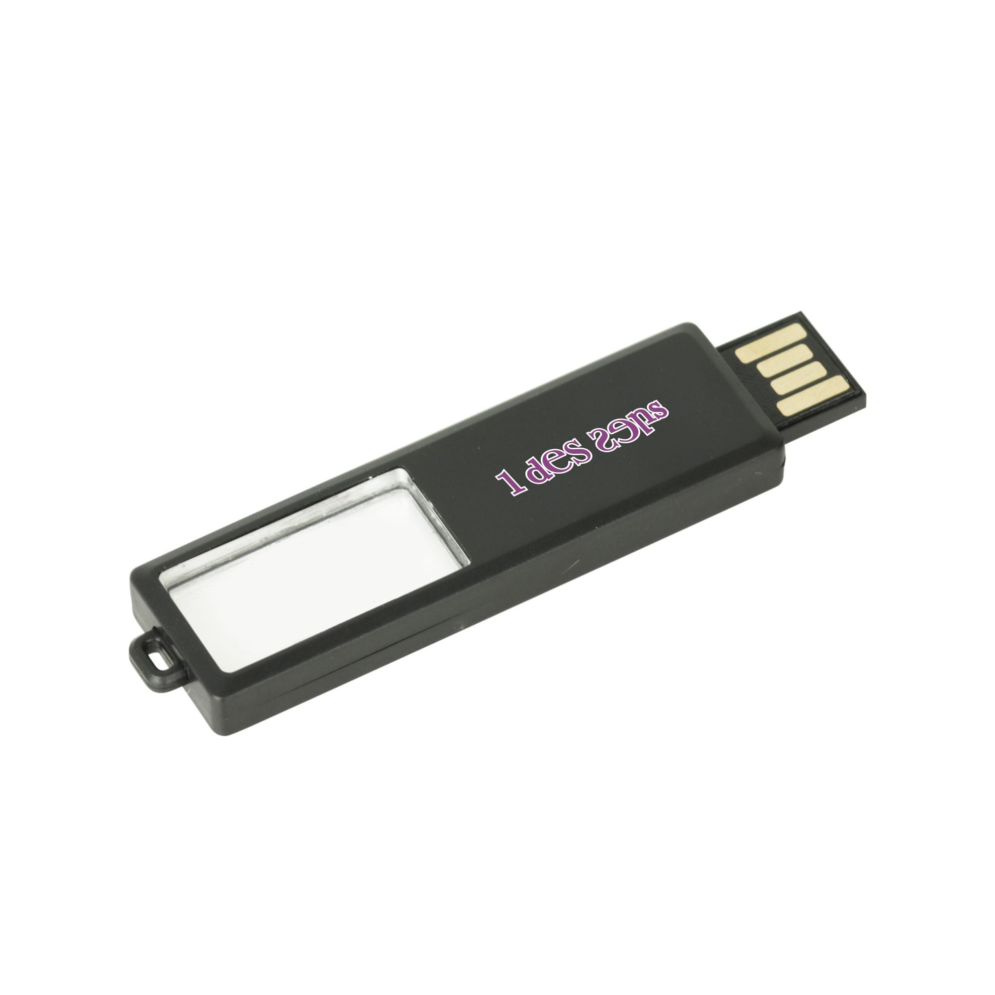 A sliding acrylic flash drive in black, featuring a rectangular design and a small window.