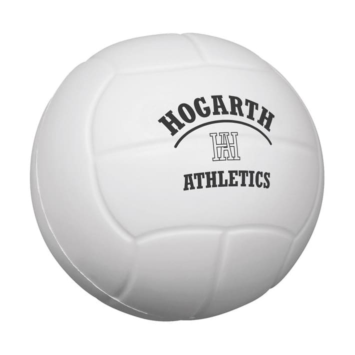 A white volleyball-shaped stress reliever with a black logo and text. Ideal for stress relief and fun.