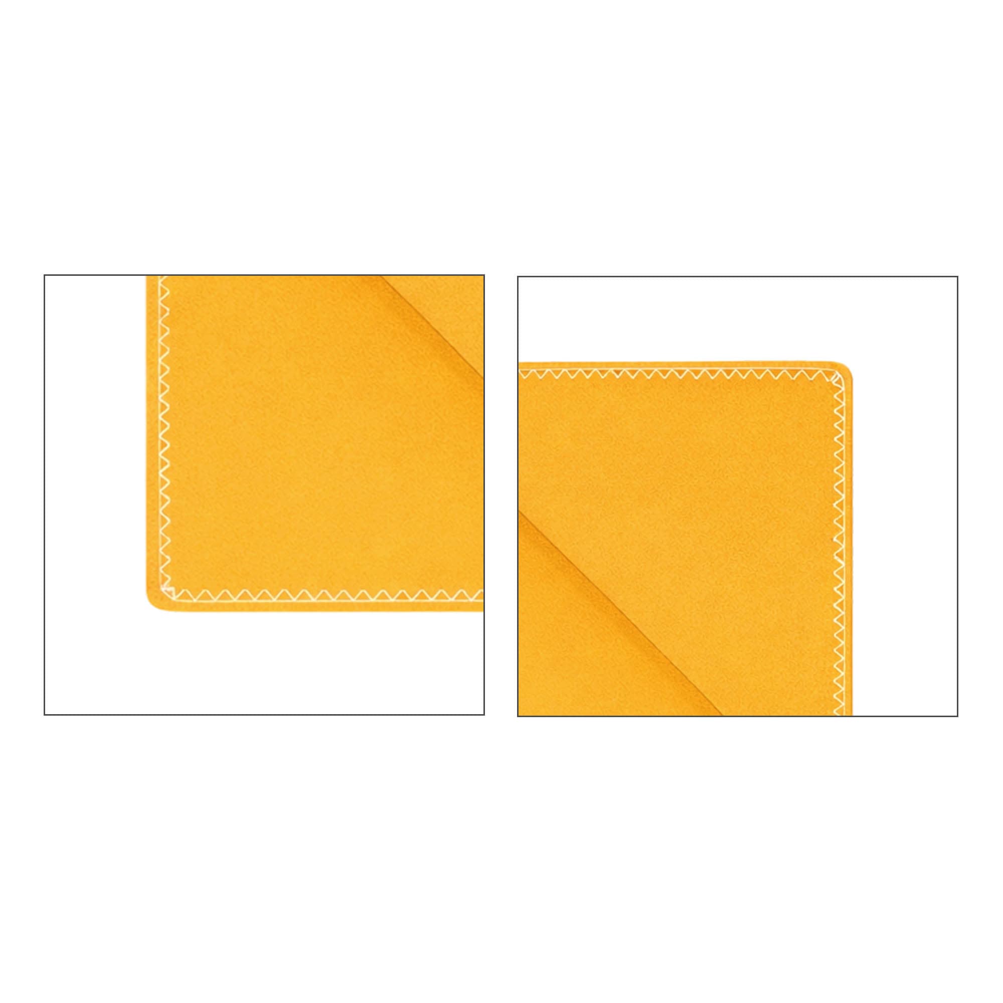 A full-colour yellow PU bookmark with decorative stitching along the edges, featuring two corners.