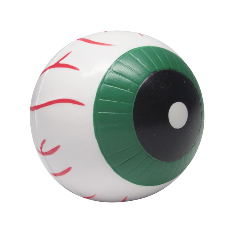 A stress ball in the shape of an eyeball, featuring green and white colours with red veins. Includes a logo.