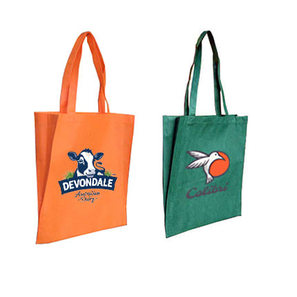 Two non-woven long handle bags with V gussets, one in orange and one in green, each featuring a logo.
