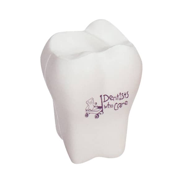 A white tooth-shaped stress reliever with a logo on the front, designed as a fun item for stress relief.