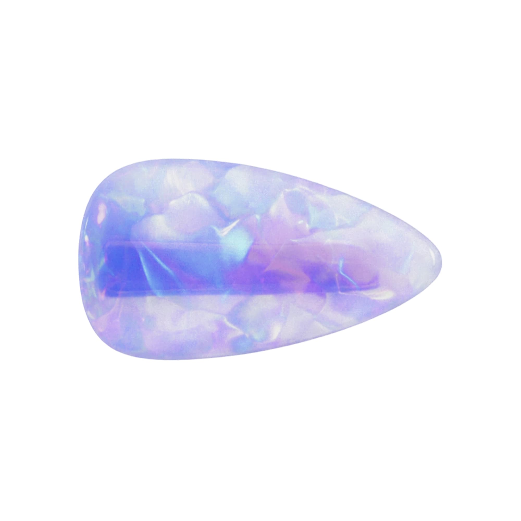 A teardrop-shaped iridescent hair clip in shades of purple and white with a glossy finish. It features a logo.