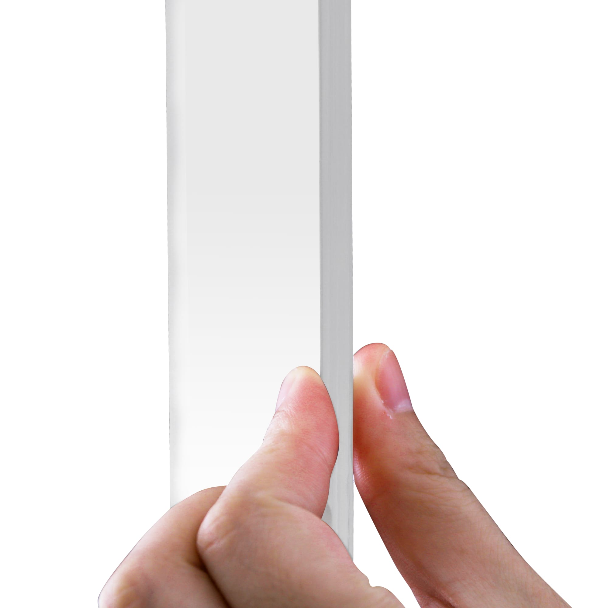 A clear personal protection screen held by a hand, featuring a slim white frame and transparent panel.