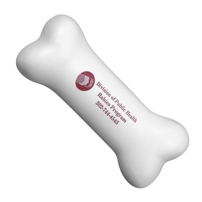 A white bone-shaped stress reliever with a logo and text printed on it, designed for stress relief.
