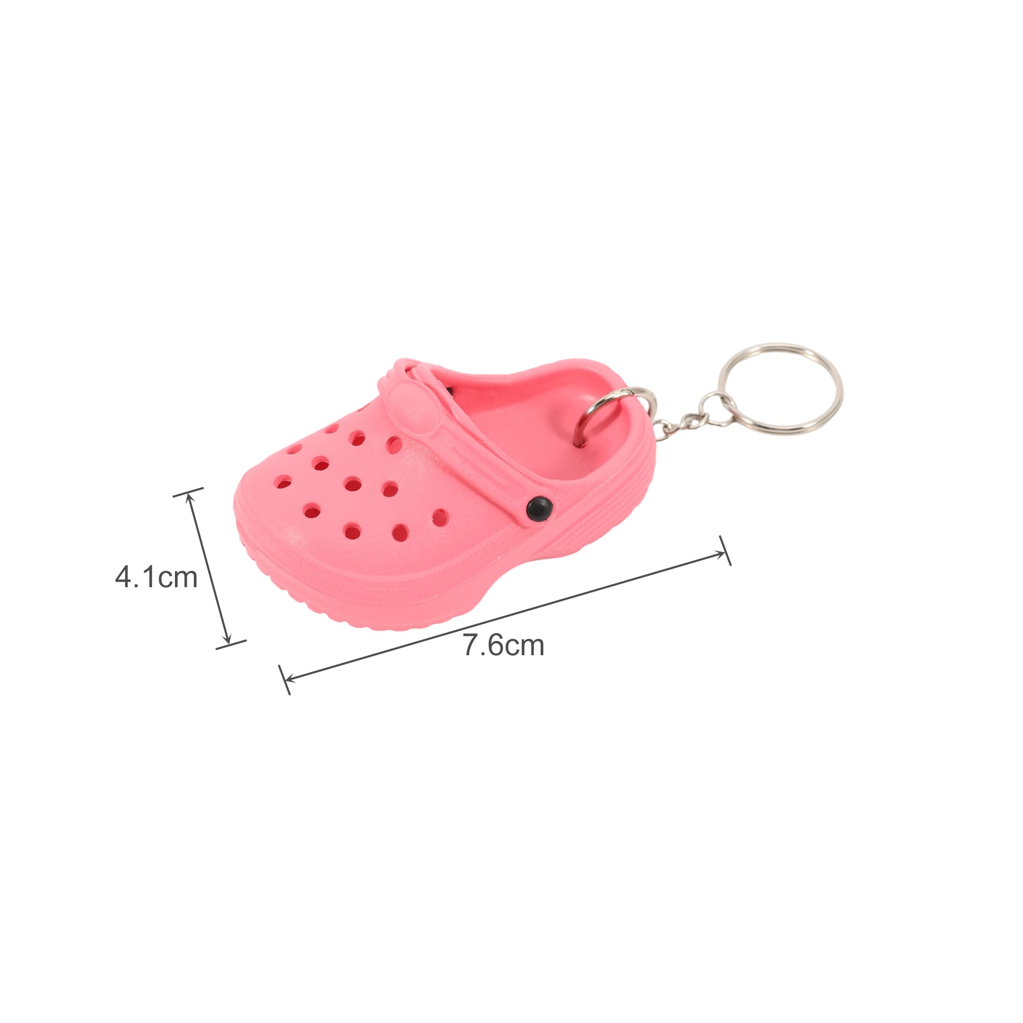 A pink clog shoe keyring featuring ventilation holes and a metal keychain attachment. Includes dimensions 4.1cm by 7.6cm.