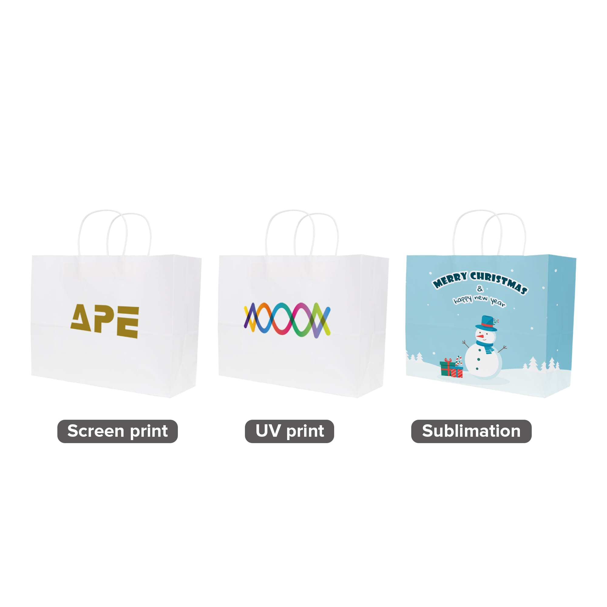 Three white kraft paper bags with twisted handles, featuring various prints, including a snowman design and branding.