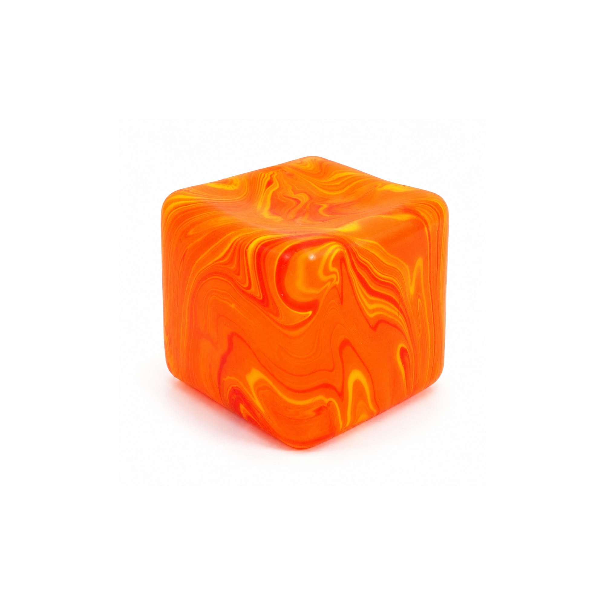 A colourful, swirled orange cube with vibrant yellow accents, featuring a smooth, squishy texture and a logo.