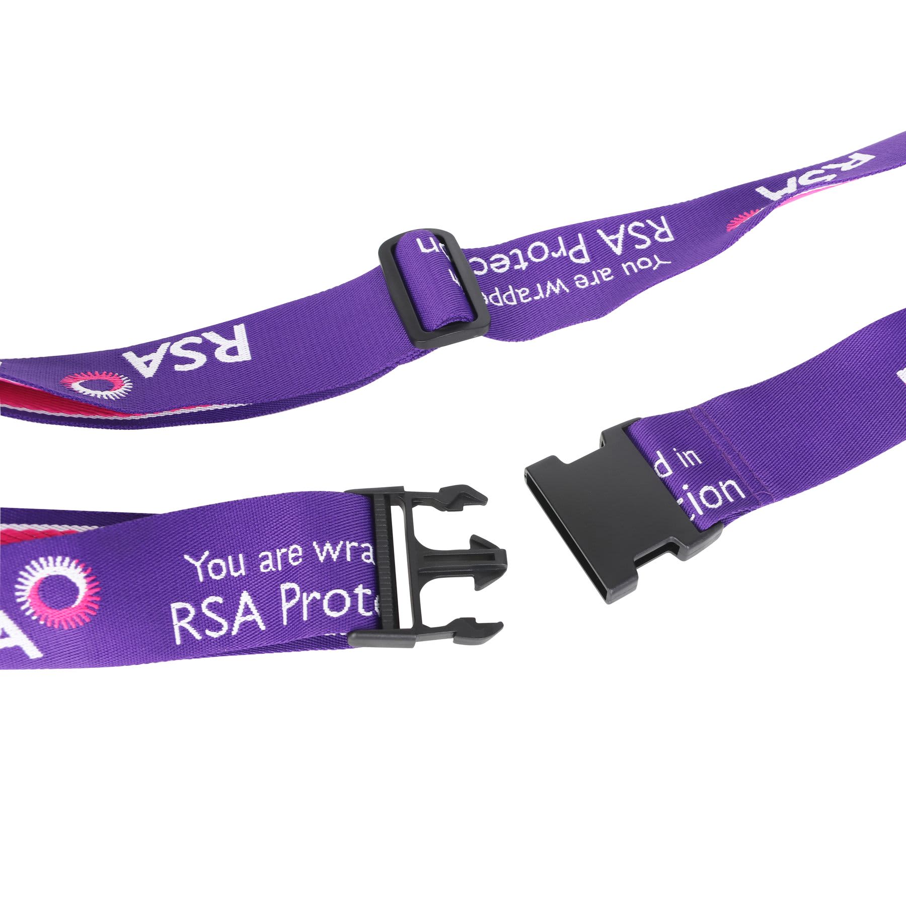 A purple woven luggage belt featuring a clasp and a logo, designed for securing luggage.