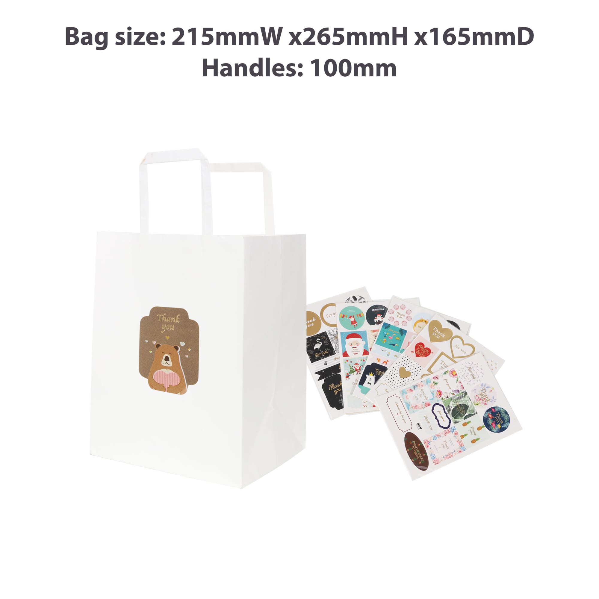 A white kraft paper bag with flat handles and assorted colourful stickers beside it.