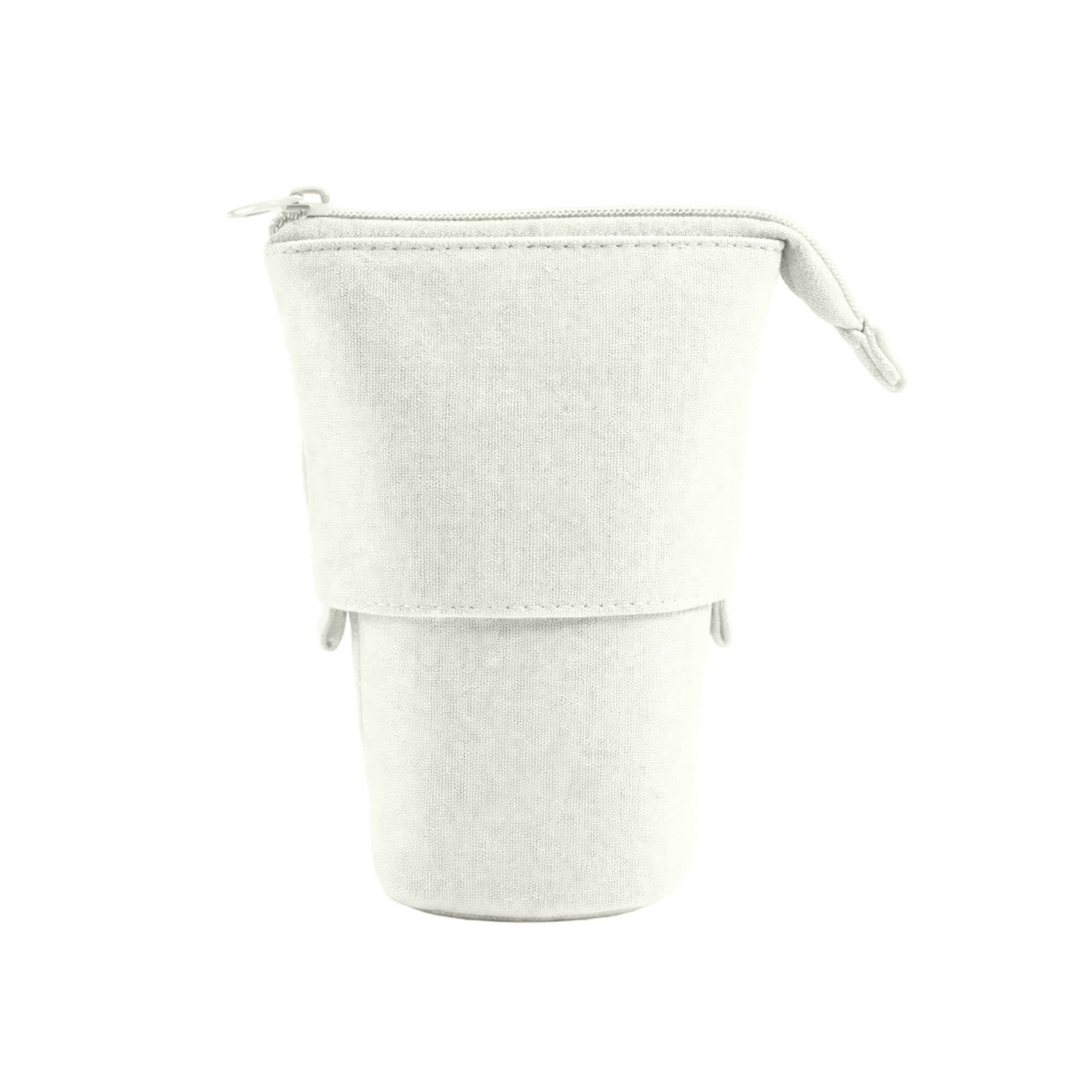 A light grey canvas expandable pencil case with a zip closure and a branded logo. Suitable for office or business use.