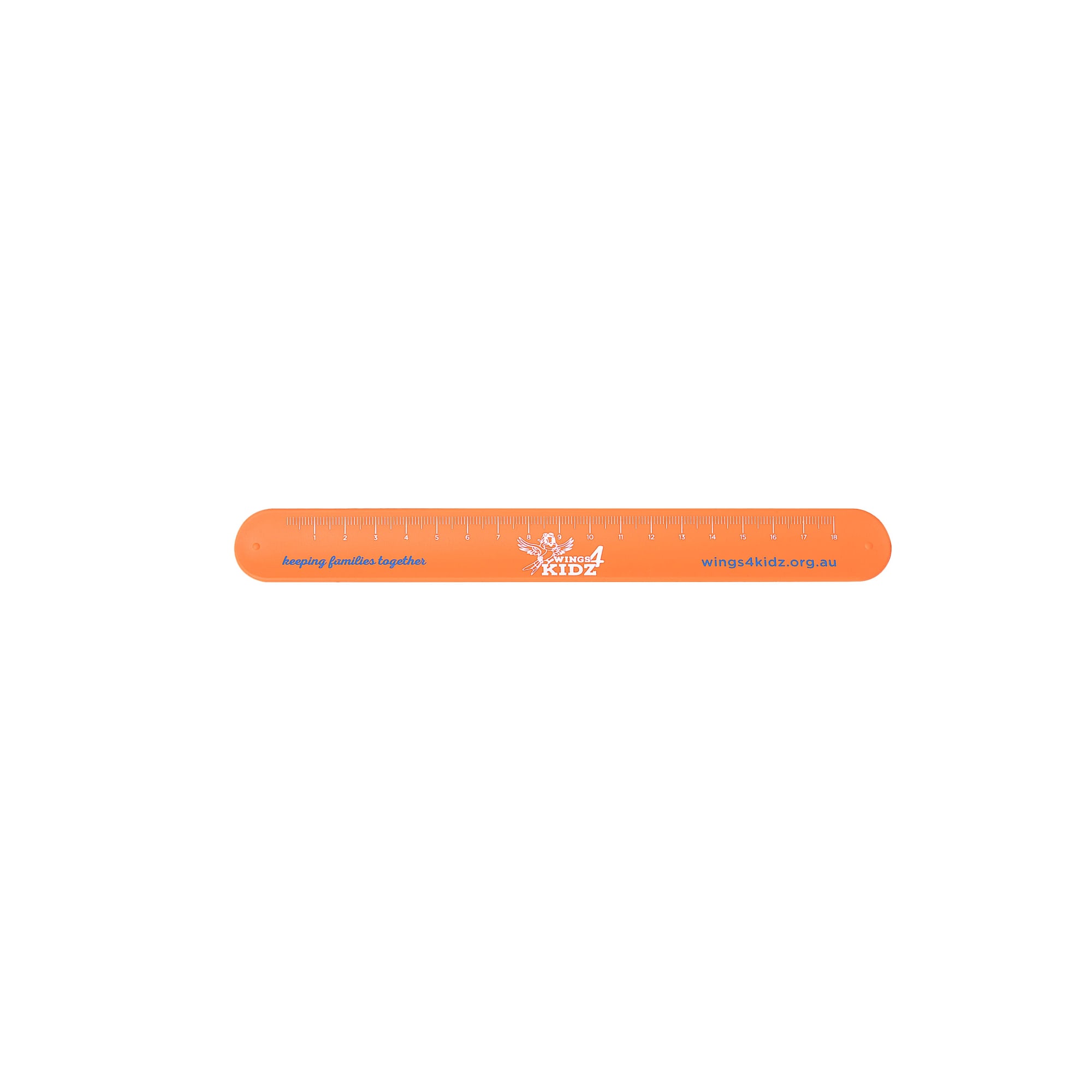 An orange silicone slap band with measurement markings and a logo.